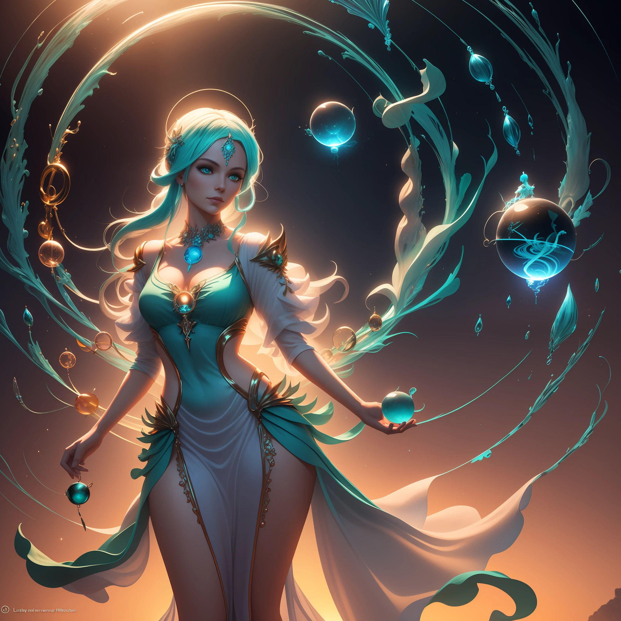 "a woman in a white dress wearing a glass sphere at sunset, with a dark turquoise and light emerald color scheme, in the style of daz3d and wiccan, featuring light painting and sculpted elements inspired by traditional oceanic art, creating a luminist atmosphere."