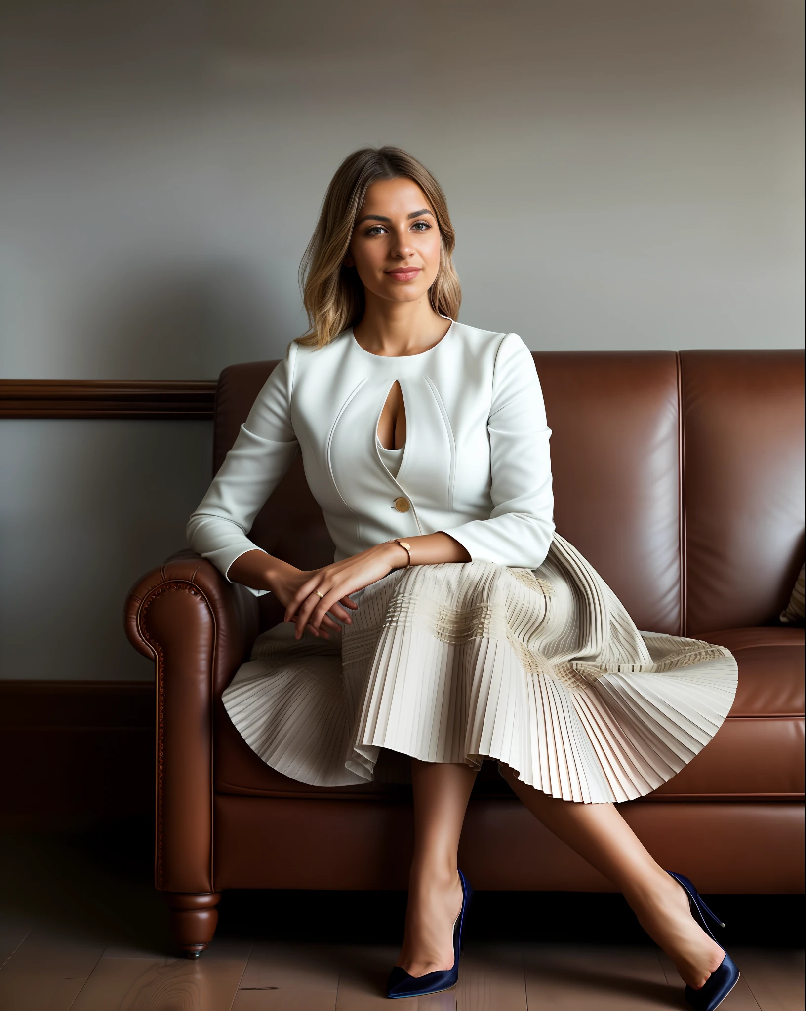 (shy smiling) woman, authentic (kind and tender) good woman wearing a short blazer with a very very detailed (long (fully pleated) full circle skirt) and (simple) low heeled office shoes, very very intricate hyper-detailed symmetric (attractive graceful young feminine face) with (sad, tired eyes and a shy smile), large breasts, full of empathy and compassion and love, (pronounced (feminine) features), (highly detailed ultra accurate realistic) hands and fingers, (windy conditions and wind blowing), epic composition, highly detailed attributes, highly detailed atmosphere, (35mm f1.4 Kodak portra 400 photograph), extremely high quality RAW photograph, detailed background, intricate, Exquisite details and textures,