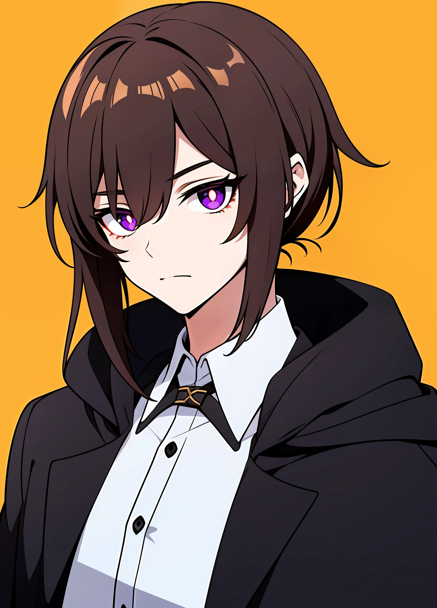 Bangs brown hair+(Devil's pupils+Purple eye)+(Black cape)+(White shirt)+(Black coat:0.91)+(pony tails)+Anime style+Teenage uncensored+cool guy+Male general