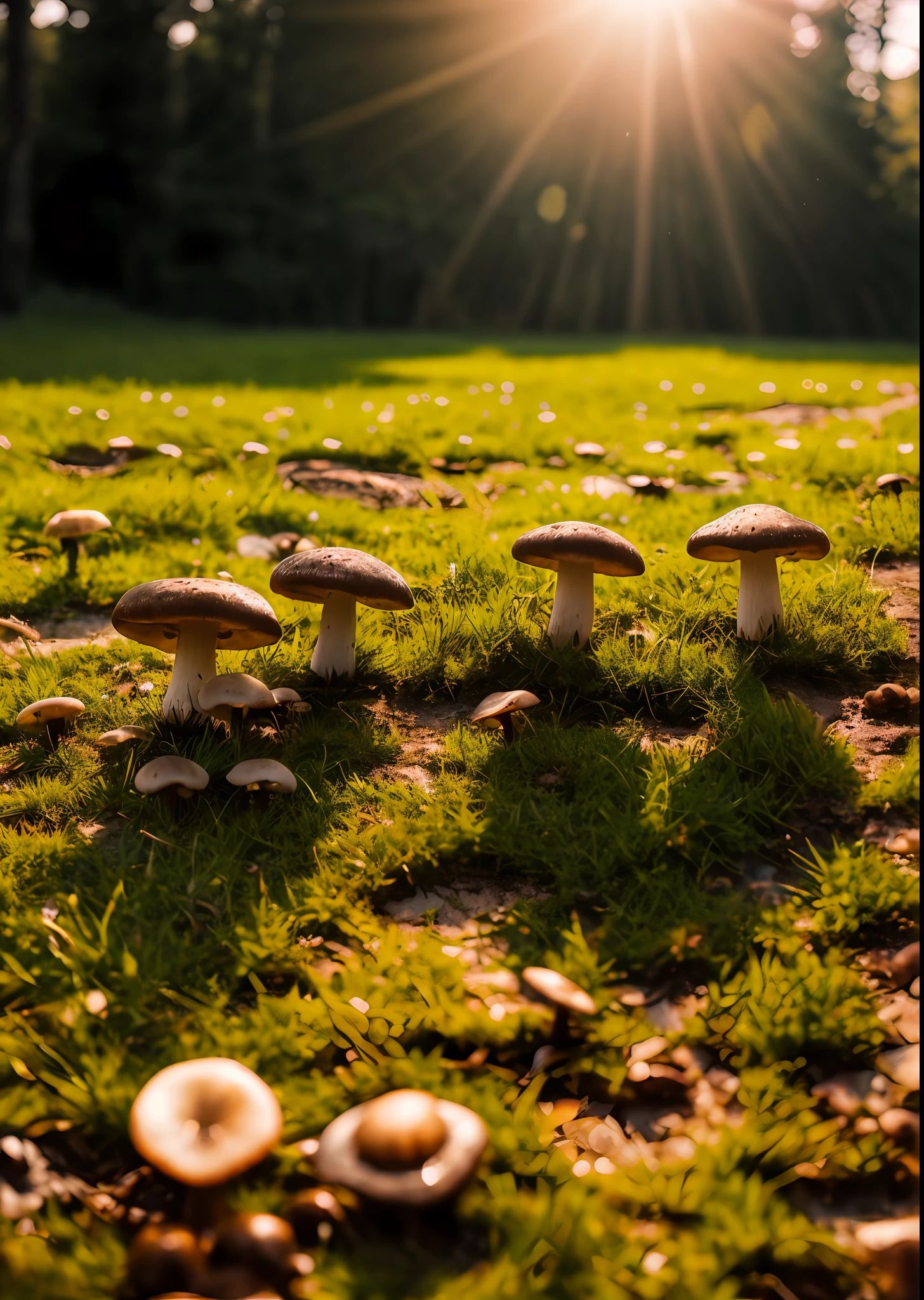 RAW photo of a landscape, small details, photorealistic, ultra-realistic photo, 8k uhd, dslr, soft lighting, high quality, film grain, (masterpiece) , button mushrooms, sun