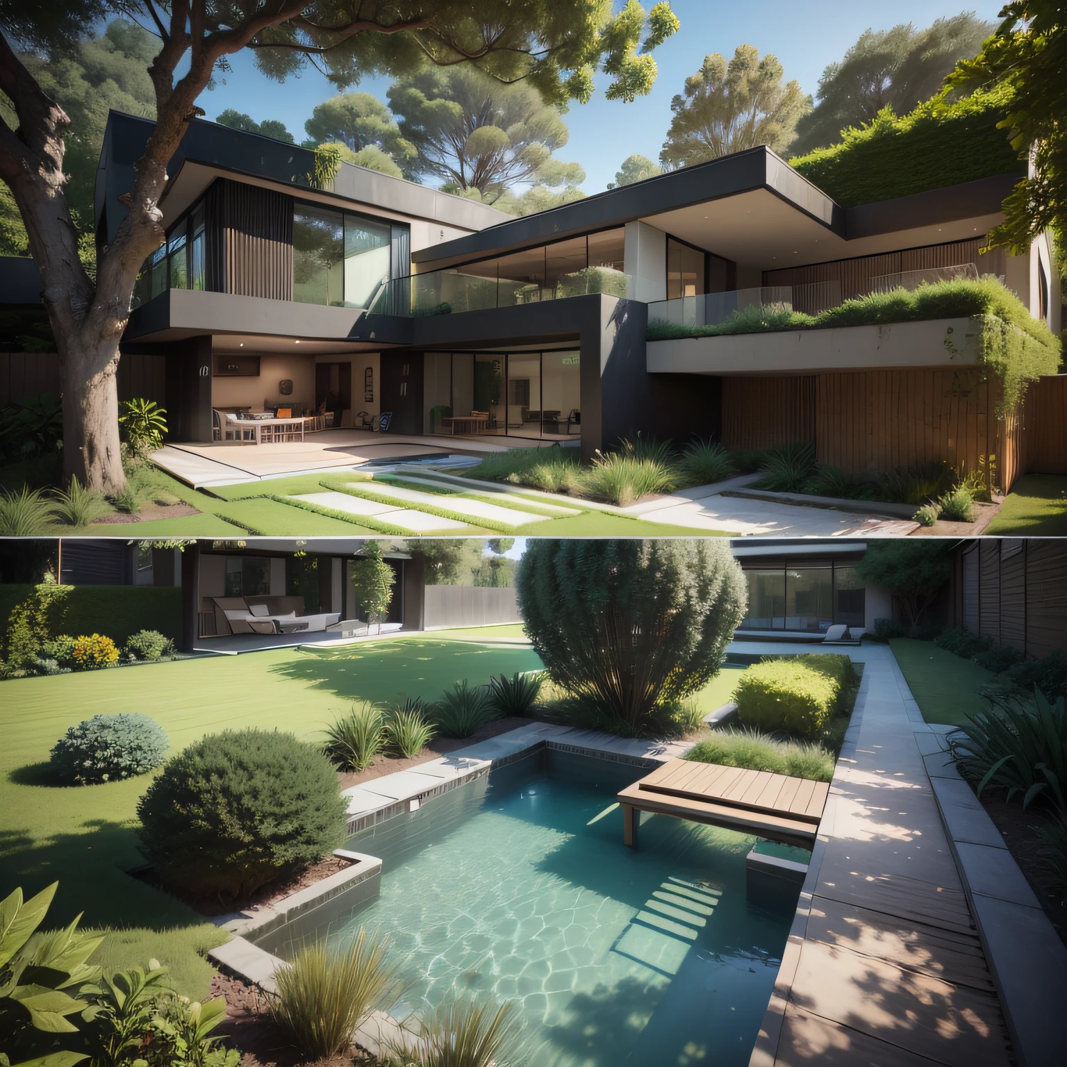 Organic modern architecture on a large plot of land out of sight, Terreno bastante grande, terreno paisagem, pradaria com arvores , There is a swimming pool in the middle of a large one-story house, cor da casa em vigas marrom chocolate e preto, large modern residence, telhados planos e jardim, render luxcore, renderizar oktane, a photorealistic rendering, architectural render, mantra rendering, architectural render, realism rendering, architectural visualisation, piscina de bem-estar, architectural visualisation, Large green areas, com pequenas zonas de flores de lavanda, arbustos verdes tipo exuberante jardim verde, as well as small water mirrors, swimming pool embedded in an area of sand, oliveiras e pinheiros ao redor da casa, 8k ultra-realista, muito detalhe