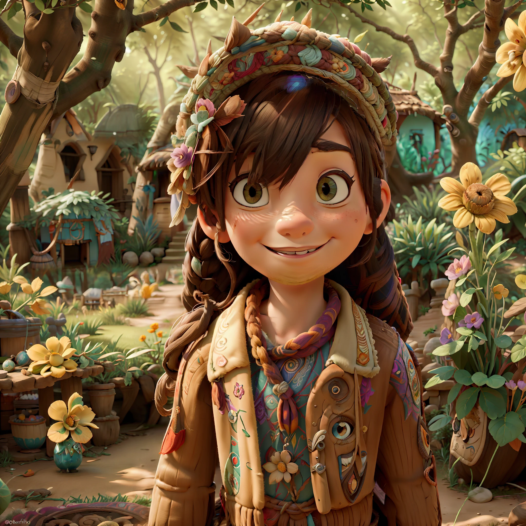 garotinho, sozinho, um pouco afastado, sorrindo e brincando no quintal de sua casa, procurando algo, Traje de explorador do mundo, olhos curiosos, cabelos marrons, olhos castanhos, Estilo Disney Pixar, animification, Jardim, flor, Borboletas, hiper-realismo, hiperdetalhado