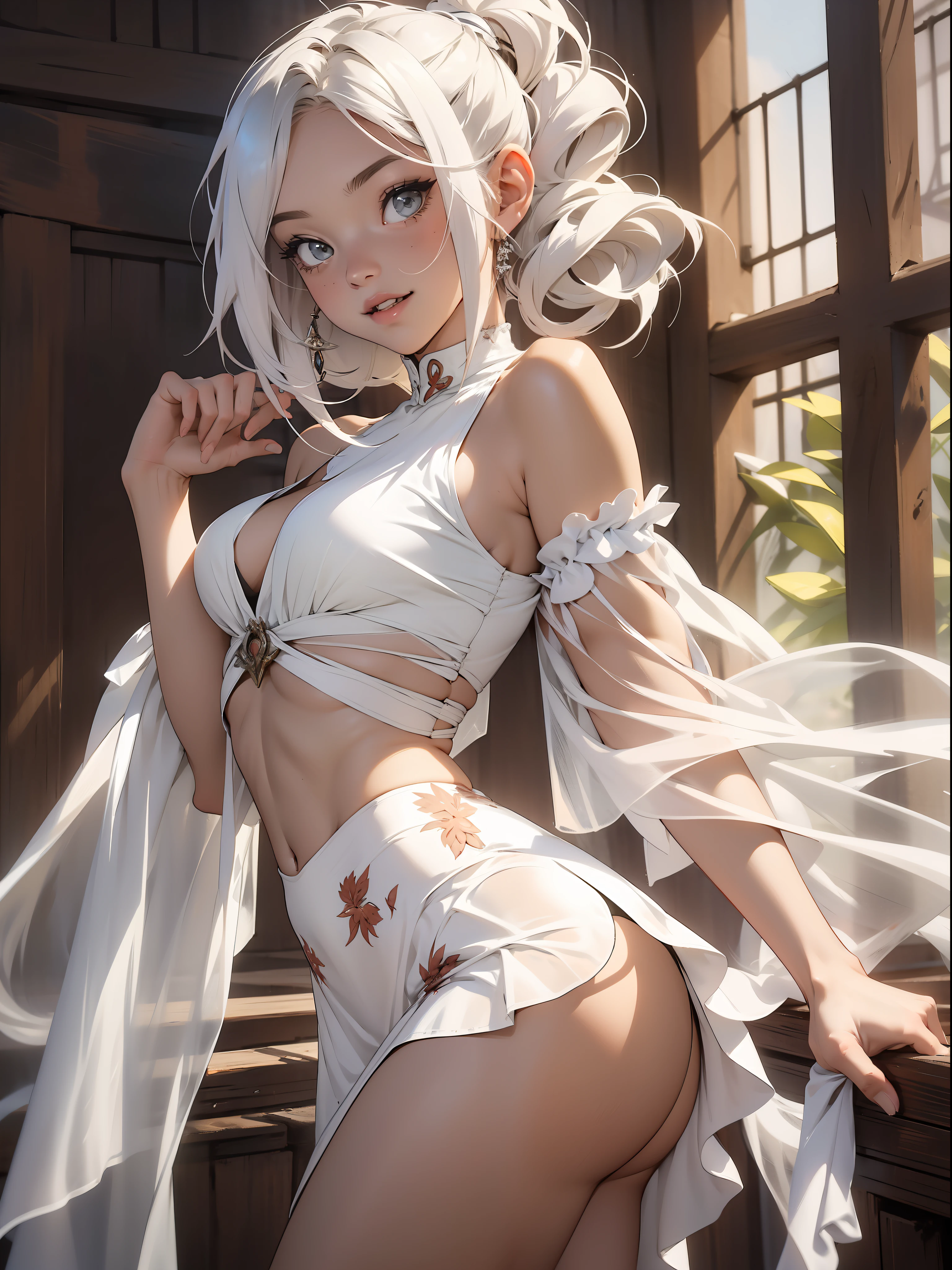 An illustration of a ghost girl in a sensual pose and with a micro skirt appearing the tiny thong, roupas totalmente brancas, pele branca e cabelos brancos, quase nua, Tiny thong, seios grandes, decote generoso, bunda grande, toda transparente, light behind her, ghosty aura, sorriso malicioso, rosto lindo e limpo, corpo perfeito