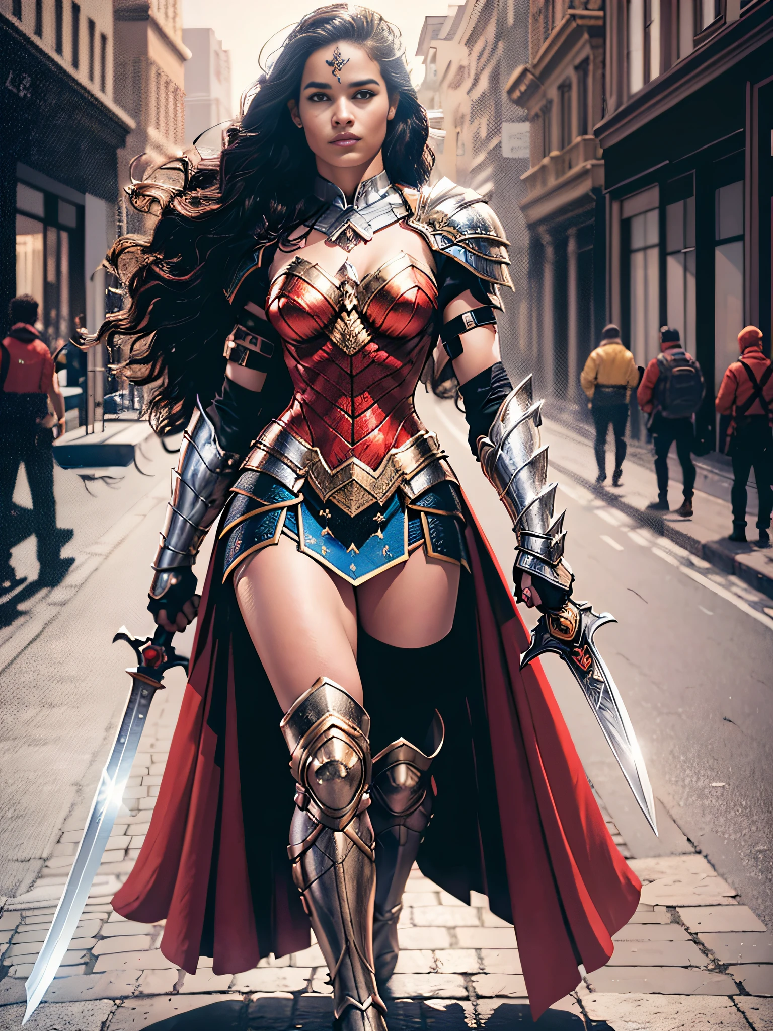 1 Mulher solo corpo inteiro, CHailee Steinfeld. segurando uma espada, guerreira, cabelo comprido, com armadura super detalhada, realista,, alto contraste, mulher morena, profundidade de campo, Bokeh (obra-prima, melhor qualidade, fotorrealista: 1.3), sharper, (corpo perfeito: 1.1), realista, sombra real, ( Alyssa Monks), fotografada por Canon EOS R6, 135mm, 1/1250s, f/2.8, ISO 400