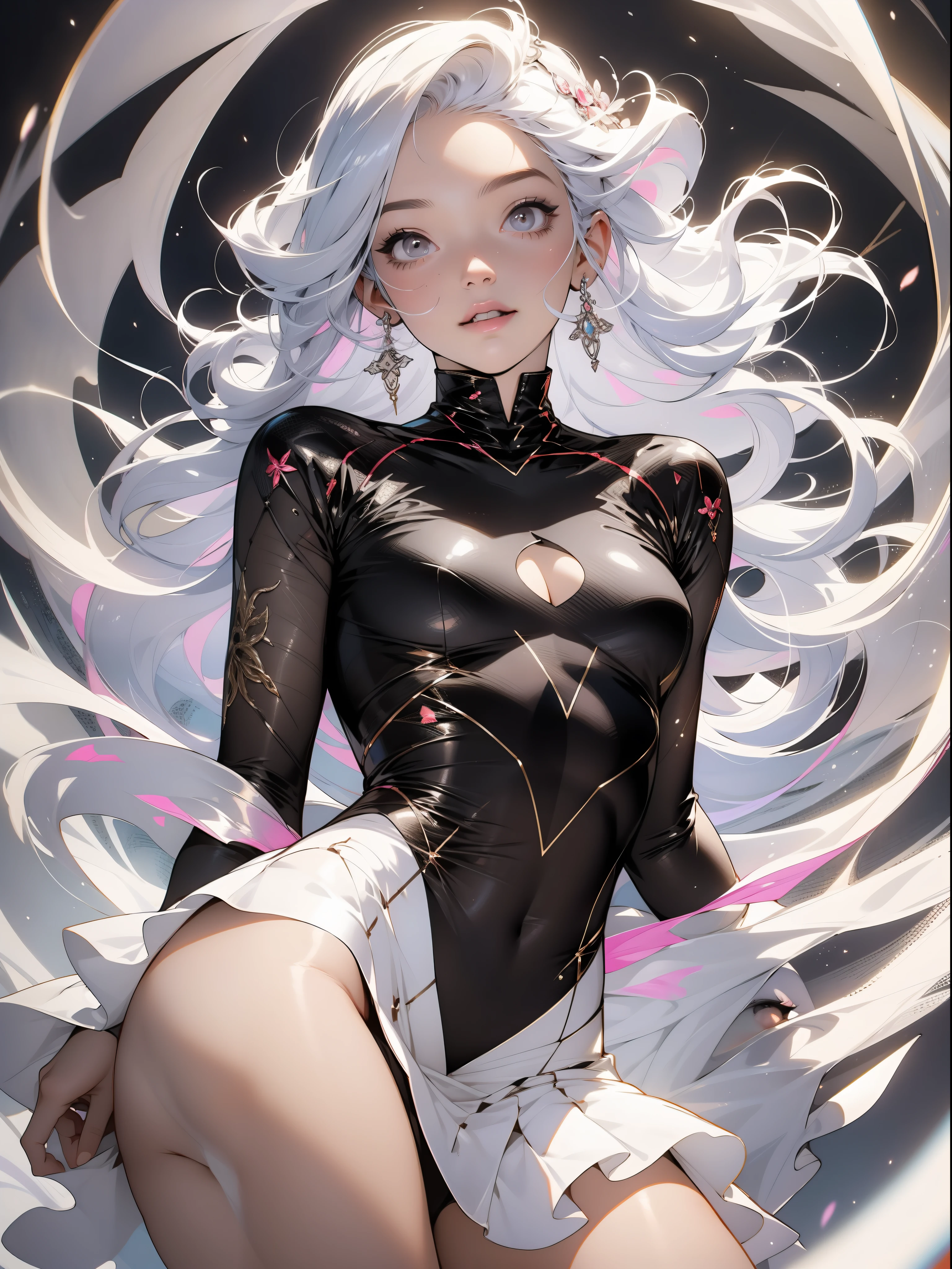 An illustration of a ghost girl in a sensual pose and with a micro skirt showing tiny floss, roupas totalmente brancas, pele branca e cabelos brancos, quase nua, Tiny floss, seios grandes, decote generoso, bunda grande, tudo transparente, light behind her, ghosty aura, sorriso malicioso, rosto lindo e limpo, corpo perfeito