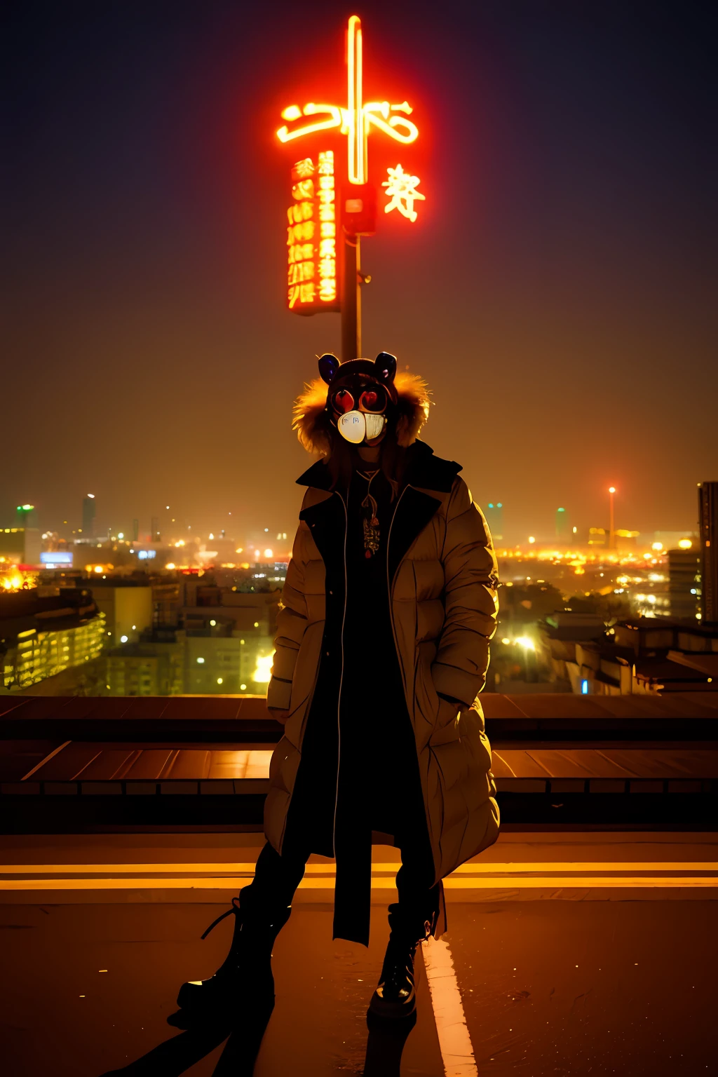 Large gas mask、fur-coat、dictator、Big dragon tattoo、Tattoos all over the body、Glowing headgear、On the rooftop、Huge background is a neon sign、Leather gloves、long boots、Holding a Japan sword、Baseball armor、insurrection、Nuclear power plant in the background、Terrorist groups、Fluorescence Headgear、short-haired、bleu hair、Ignite fire from a flamethrower、middle school girl、14years、gas masks、high socks、Rooftop at night、City on fire in the background