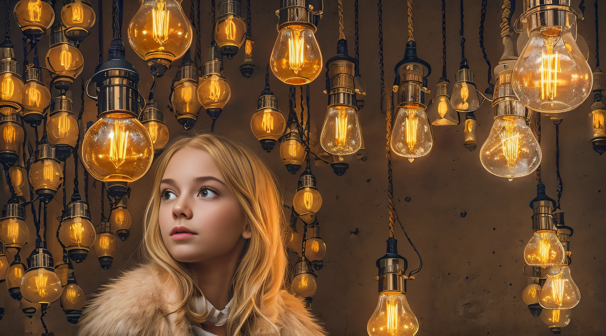 there is a GIRL CHILD 12 YEARS BLONDE CABEL SMOOTH BIG, PORTRAIT, WITH FUR COAT, a closeup of a lot of lamps hanging from a ceiling, nostalgic lighting, lamps, retro lights, some lamps, vibrant lighting, vibrant lights, various lighting climate, commercial lighting, industrial lighting, technological lights, creative lighting, lots of bright lights, cold hot lighting, bright lamps, glass lamps, bright electric orange lights, warm lighting, nixie tubes