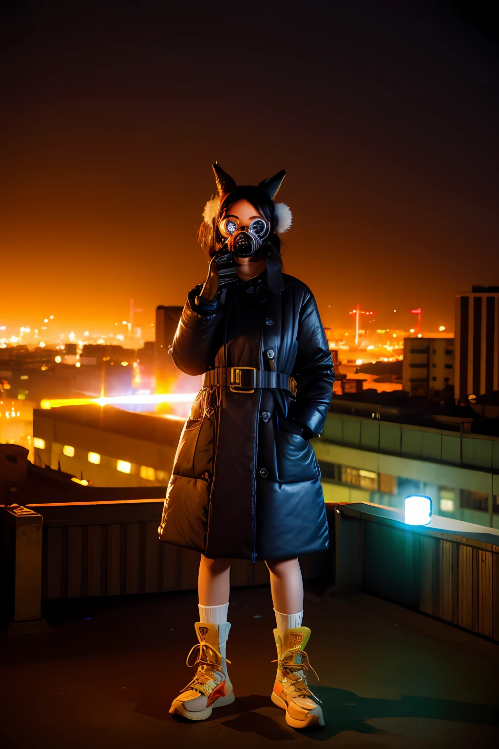 Large gas mask、fur-coat、dictator、Big dragon tattoo、Tattoos all over the body、Glowing headgear、On the rooftop、Huge background is a neon sign、Leather gloves、long boots、Holding a Japan sword、Baseball armor、insurrection、Nuclear power plant in the background、Terrorist groups、Fluorescence Headgear、short-haired、bleu hair、Ignite fire from a flamethrower、、14years、gas masks、 socks、Rooftop at night、City on fire in the background
