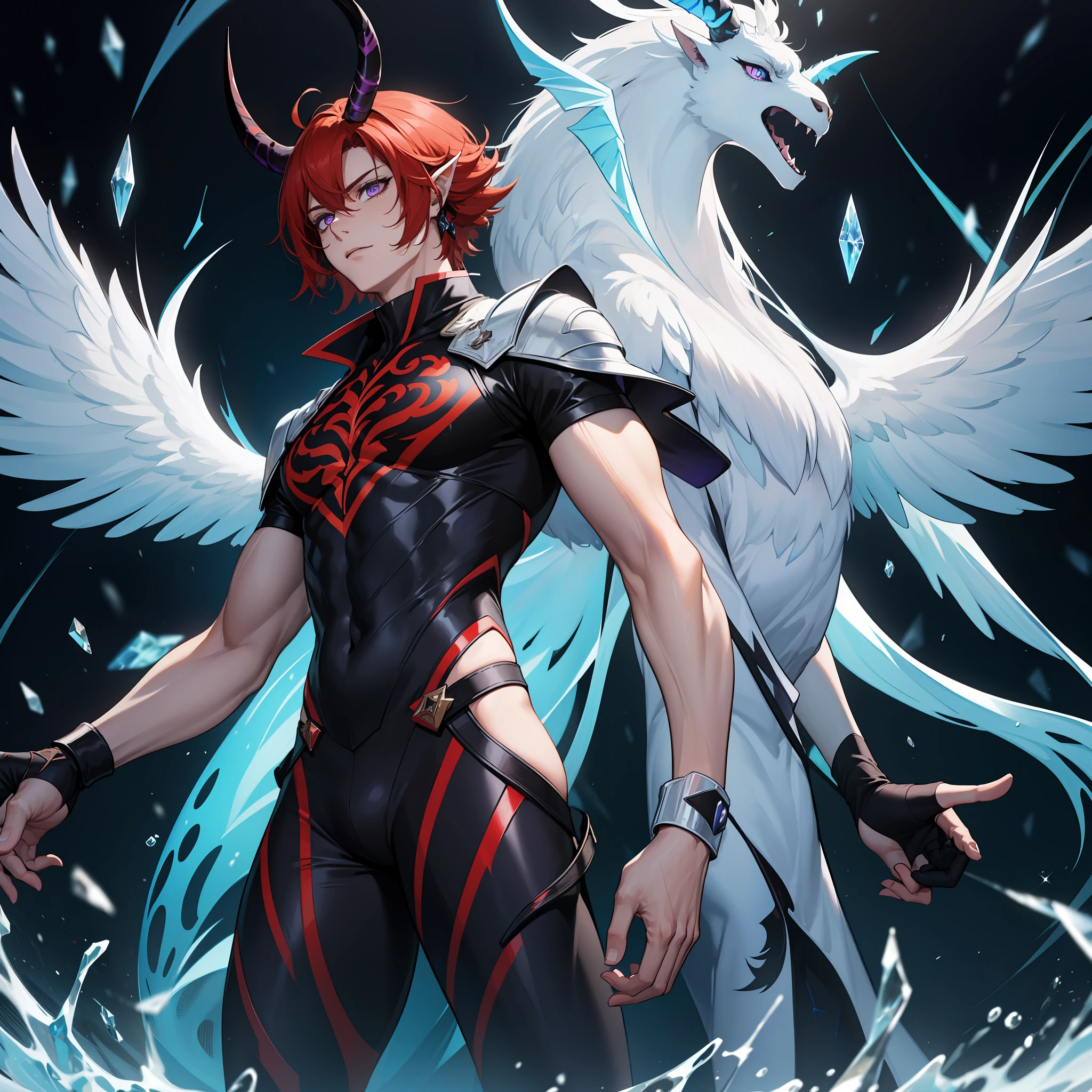 He is an alluring incubus with mesmerizing purple eyes outlined in a captivating blue hue. His fiery ginger hair adds a touch of boldness to his captivating appearance. Magnificent Red Crystalline Batwings adorned with intricate black veins grace his back, while his Crystalline Ram Horns emit a radiant white glow, emphasizing his commanding presence. He stands tall, exuding an irresistible charm.
