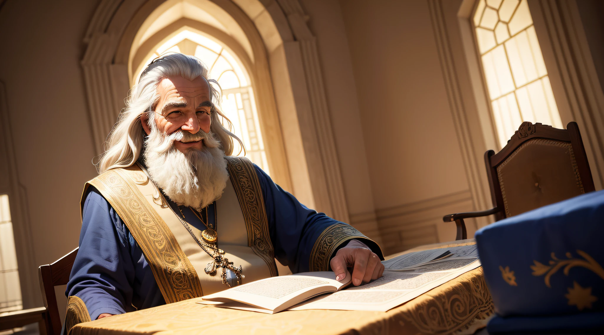 um homem velho rei davi, cabelos e barba brancos, barba curta, seus olhos brilham de alegria, alegre, irradiante, feliz, sorridente, He is sitting contemplating life in his illuminated palace, he wears a tunic and it is in his palace in Jerusalem --auto