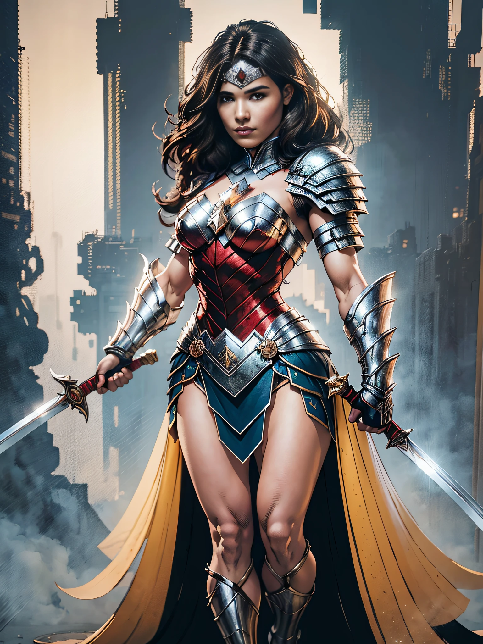 1 Mulher solo corpo inteiro, CHailee Steinfeld. segurando uma espada, guerreira, cabelo comprido, com armadura super detalhada, realista,, alto contraste, mulher morena, profundidade de campo, Bokeh (obra-prima, melhor qualidade, fotorrealista: 1.3), sharper, (corpo perfeito: 1.1), realista, sombra real, ( Alyssa Monks), fotografada por Canon EOS R6, 135mm, 1/1250s, f/2.8, ISO 400