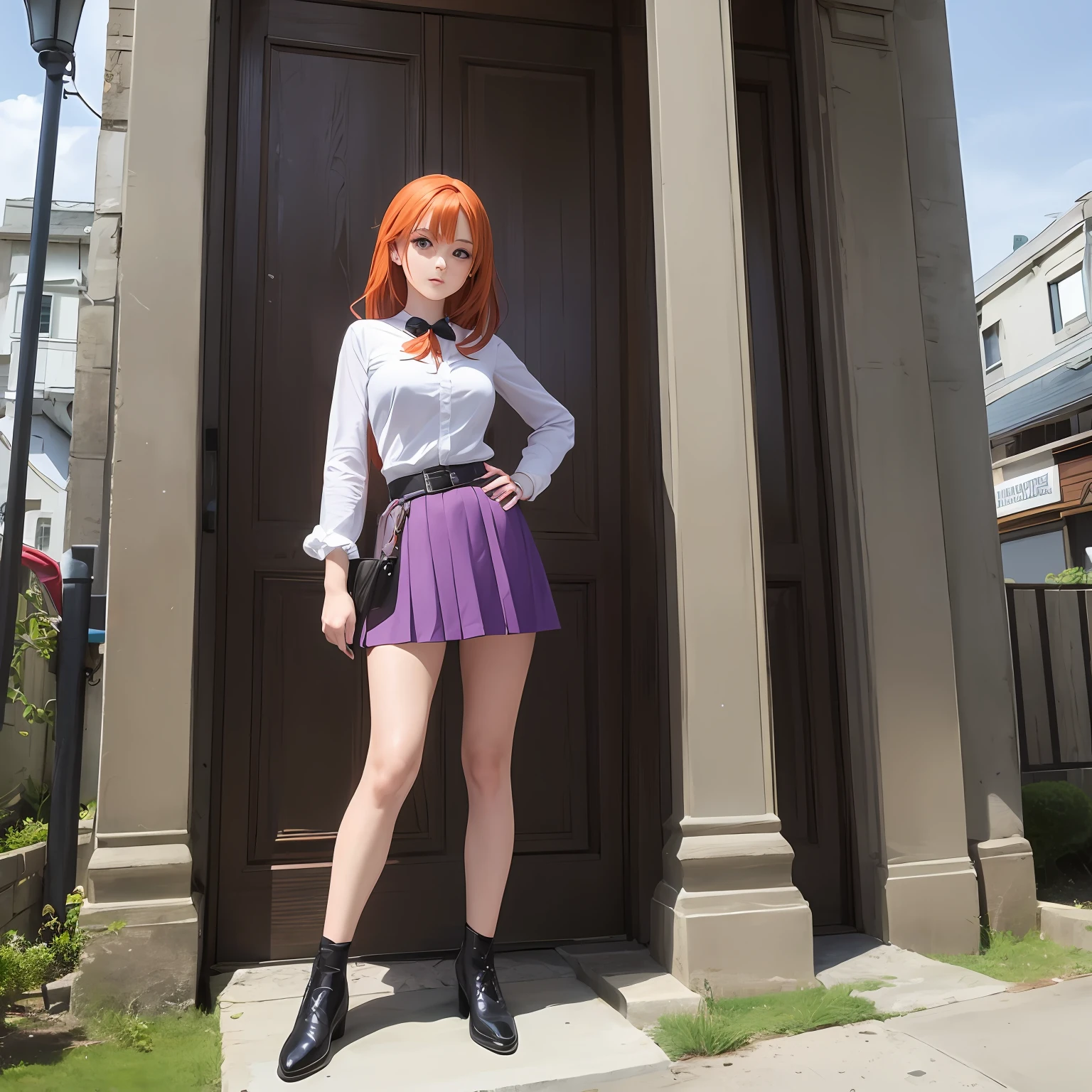 EXLorelei, orange hair, solo, purple skirt, hand pinched chin, brown eyes hand on hip --auto