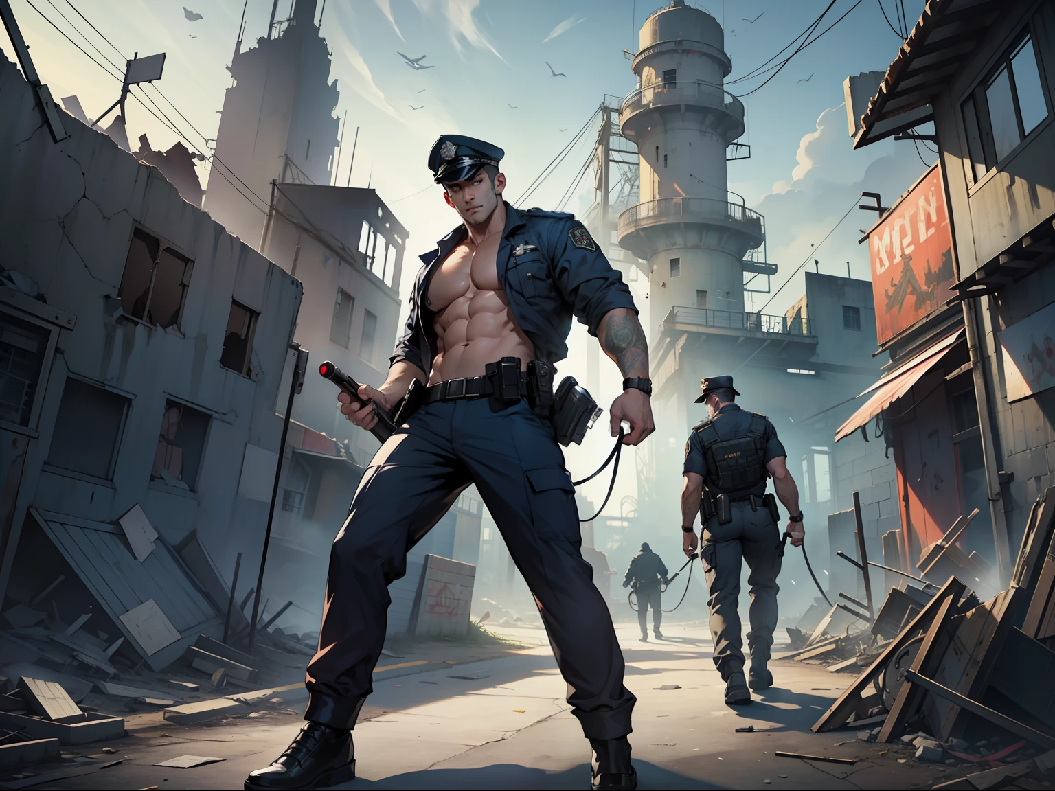 (masterwork) Very high quality, Full body shot, Super detailed shooting, Resident Evil setting, Male clergy, medical staff, treat injured male undressed policemen on the Demon Wheel at the ruined city amusement park, 32K resolution, Best quality, Dynamic pose, actionpose, Surreal and charming.