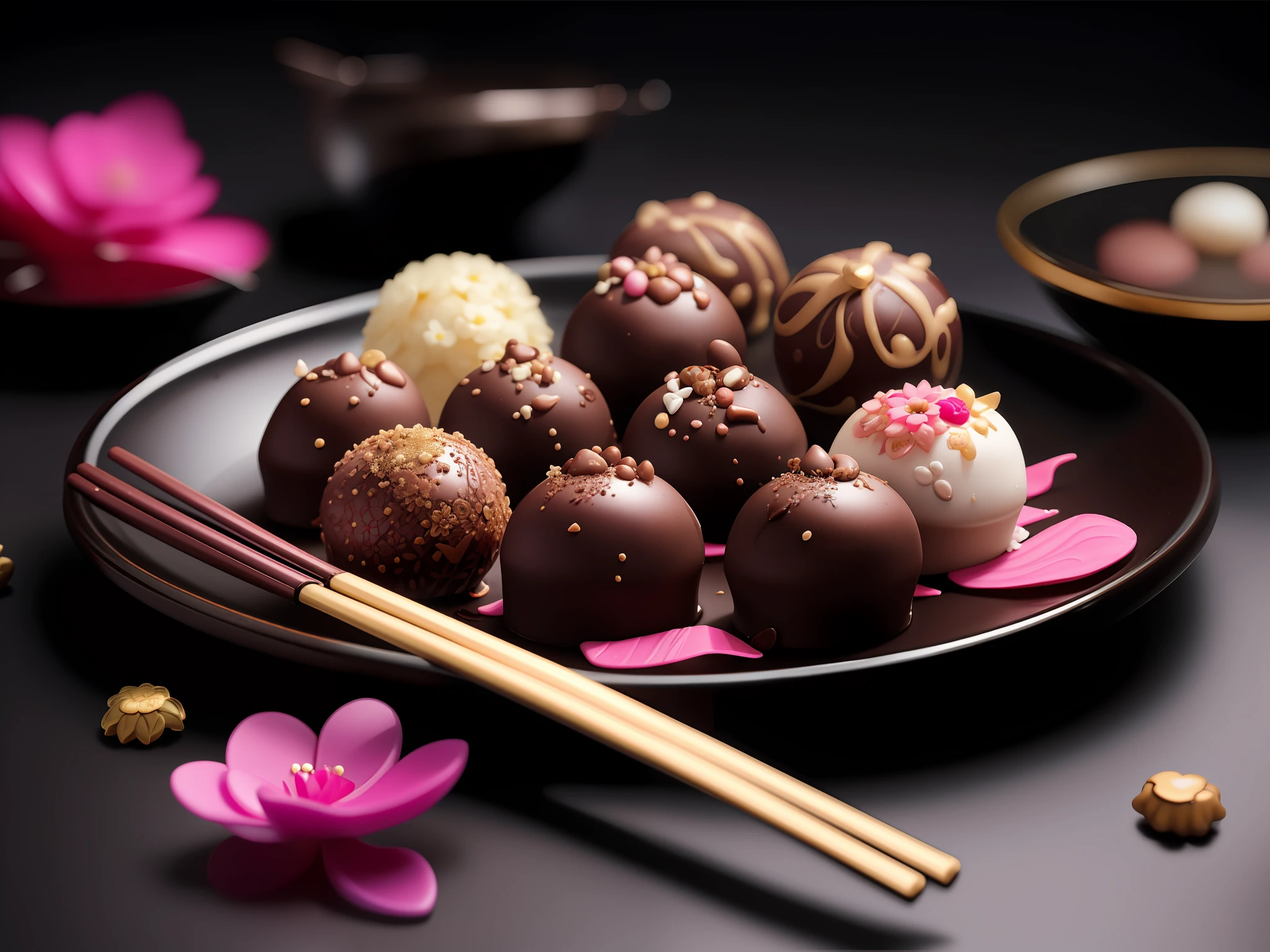 there are chocolates on a plate with chopsticks and flowers, yummy, high quality food photography, exquisite and smooth detail, sweets, chocolate art, chocolate, caramel, delicious, japanese, delectable, 4k polymer clay food photography, high quality product photo, covered with pink marzipan, close up food photography, portrait shot, high quality product photography