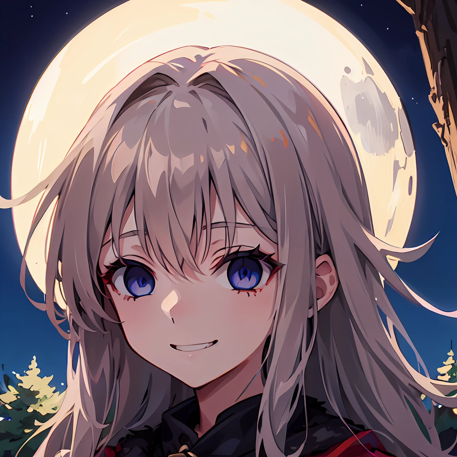 face only, 1girl, solo, small girl, small chest, blood on clothes, petite, standing, messy hair, very long hair, bags unders eyes, light brown hair, light hair, pointy hair, spike hair, medieval winter clothes, fur dress, white dress, forest background, trees, night, moon, hypnoLora, empty eyes, blue empty eyes, masterpiece, illustration, portrait, sketch, sketch lines, anime screen cap, artstyle, cold lightning, grin, smile, evil, blood,