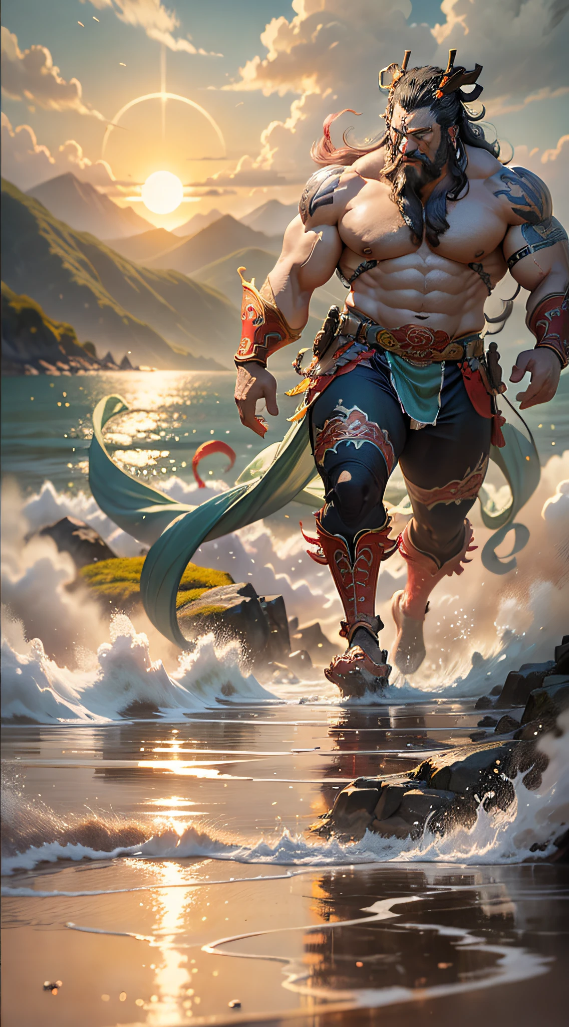 Father Qua chasing the sun, burly huge body, thick hands and feet, he stands in front of the sun, running, the mountains are not yet to his knees, the sea water is not yet to his ankles, (behind the perspective), ((Chinese mythology)), high quality, ultra-fine, detailed, accurate, (masterpiece), master work, (16k resolution), movie lighting, back perspective