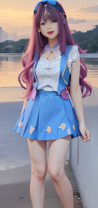 Arafi girl posing for photo with pink hair and blue dress, lunar themed attire, aesthetic cute with flutter, Loli, Anime girl cosplay, anime-inspired, Flower butterfly vest, Kawaii style, sakimichan, y 2 k cutecore clowncore, seifuku, cute kawaii girls, cutecore, kawaii aesthetic, fantasyoutfit