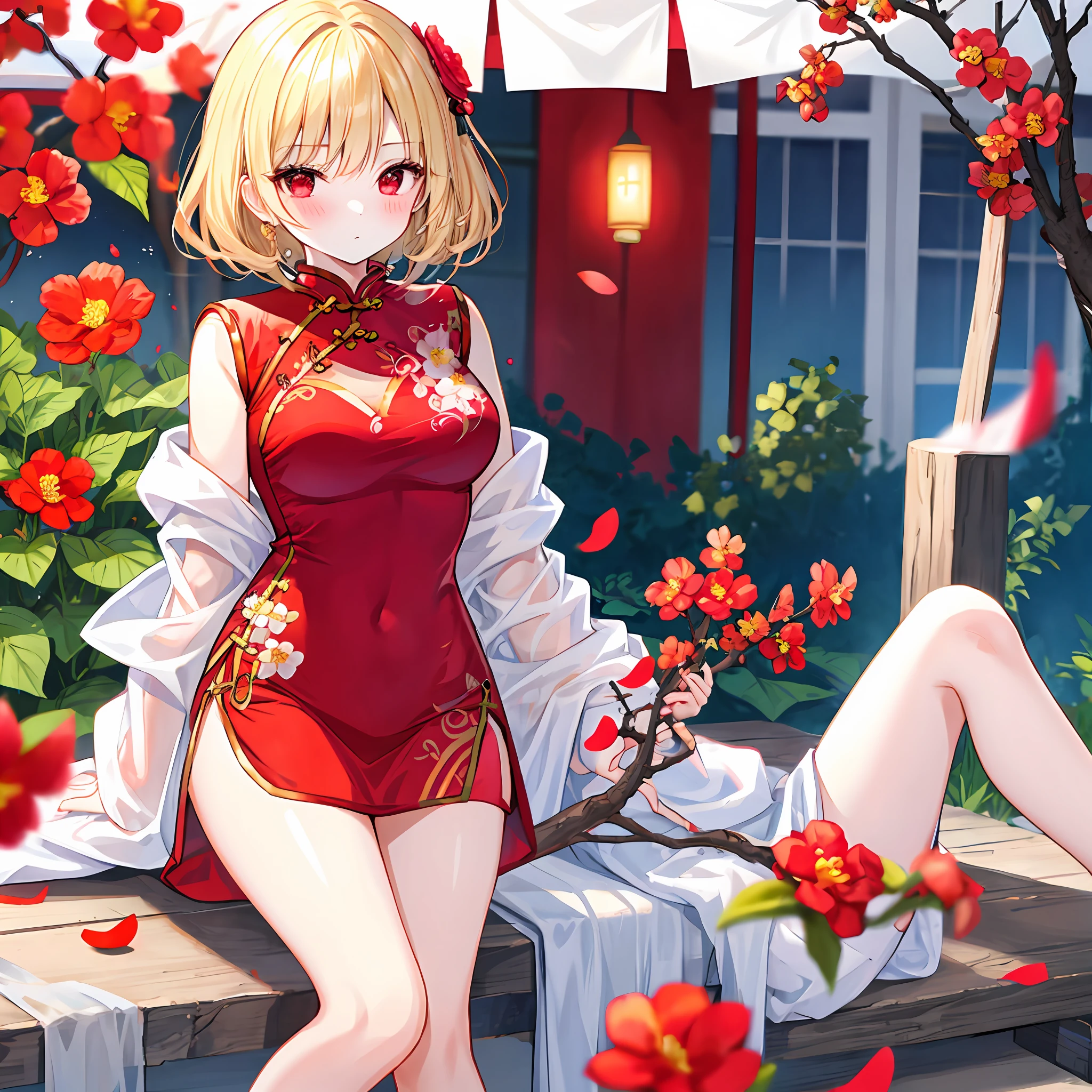 Blonde girl、red eyes、独奏、red blush、White cheongsam、Plum Blossom、LONELY