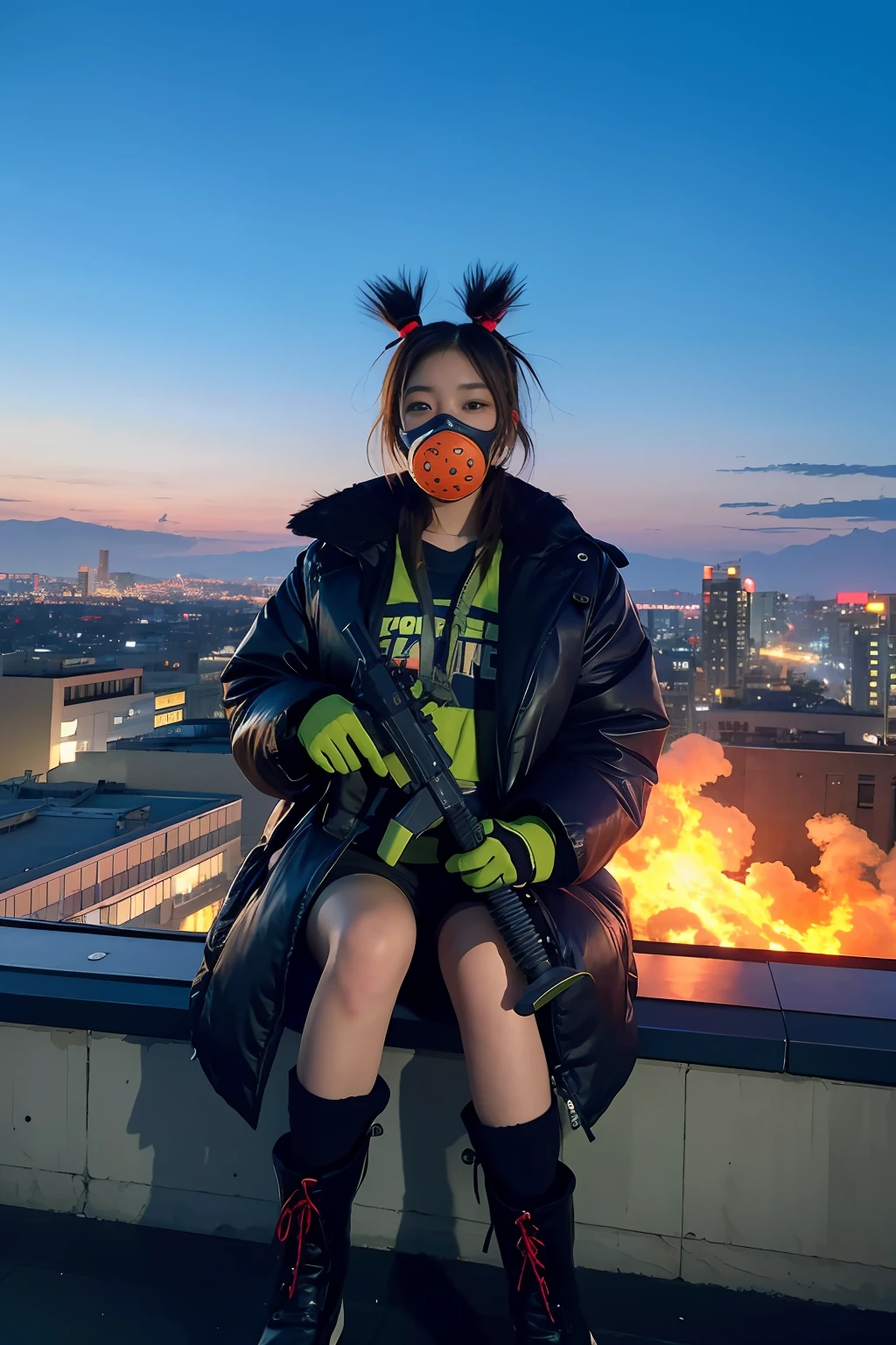 Large gas mask、fur-coat、dictator、Big dragon tattoo、Tattoos all over the body、Glowing headgear、On the rooftop、Huge background is a neon sign、Leather gloves、long boots、Holding a Japan sword、Baseball armor、insurrection、Nuclear power plant in the background、Terrorist groups、Fluorescence Headgear、short-haired、bleu hair、Ignite fire from a flamethrower、middle school girl、14years、gas masks、high socks、Rooftop at night、City on fire in the background