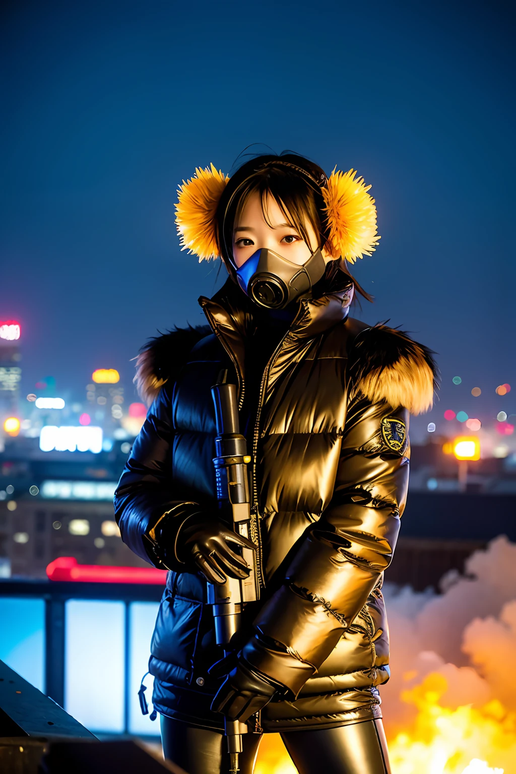 Large gas mask、fur-coat、dictator、Big dragon tattoo、Tattoos all over the body、Glowing headgear、On the rooftop、Huge background is a neon sign、Leather gloves、long boots、Holding a Japan sword、Baseball armor、insurrection、Nuclear power plant in the background、Terrorist groups、Fluorescence Headgear、short-haired、bleu hair、Ignite fire from a flamethrower、middle school girl、14years、gas masks、high socks、Rooftop at night、City on fire in the background