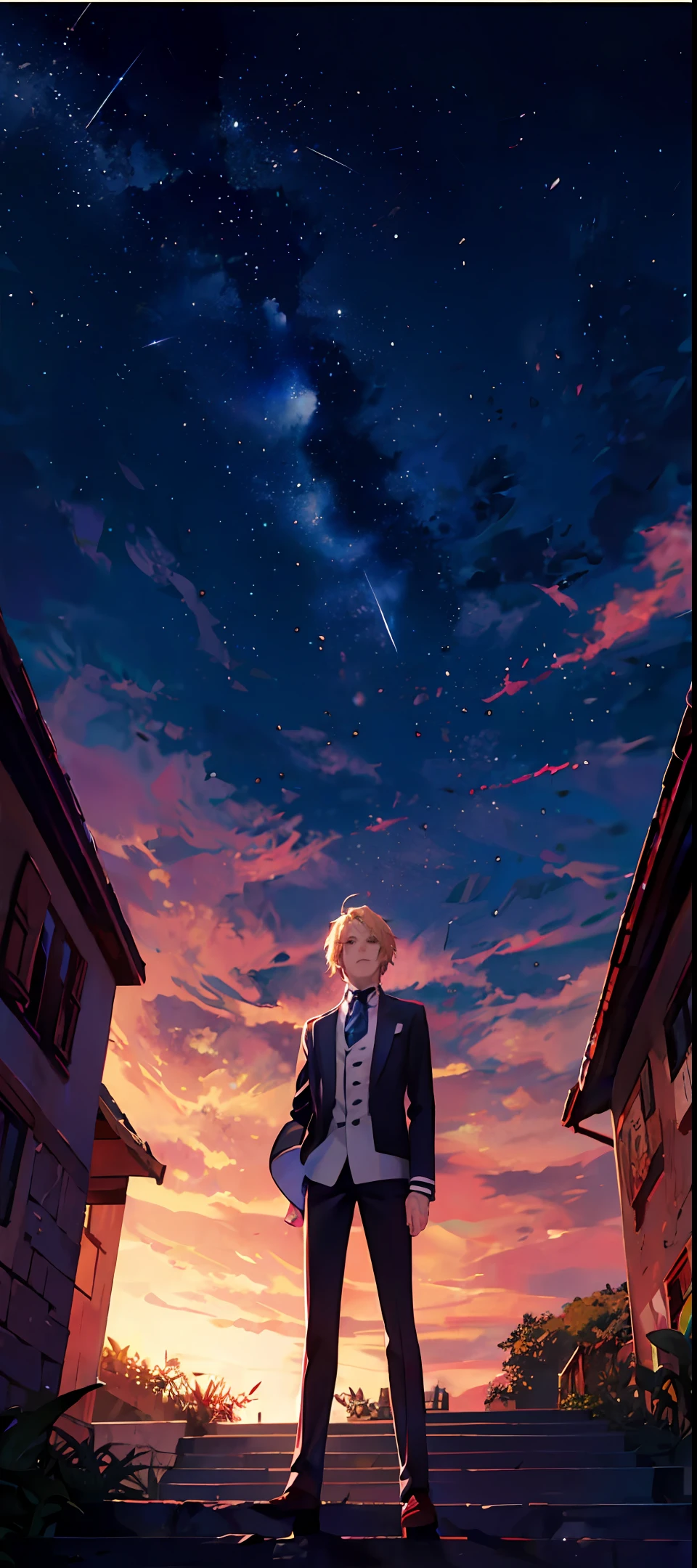 1 garoto, Under the starry sky, altamente detalhado, anime, costas, 1 garoto de cabelo branco, alto detalhe
