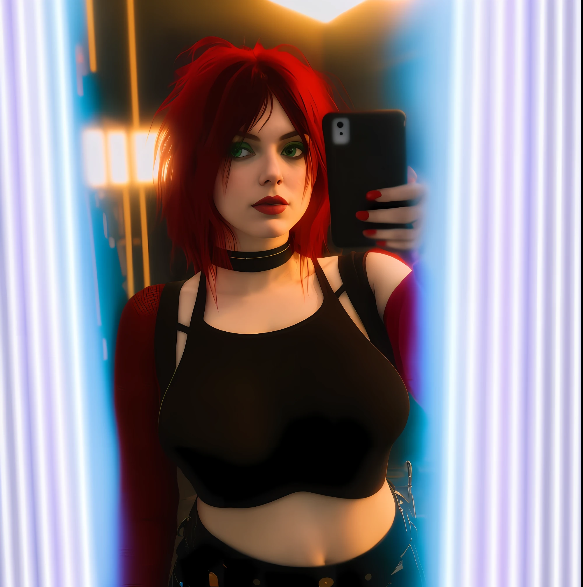 redhead , There's a woman with red hair and a black top taking a picture, feminino ruivo, punk, Selfie espelho, o modelo menina, O retrato da menina, menina glitchpunk , MASSIVE CHEST,