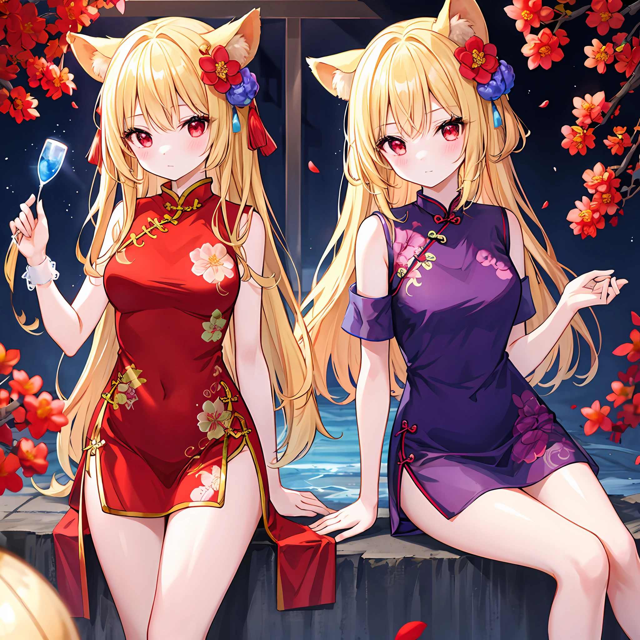 Blonde girl、red eyes、独奏、red blush、Blue cheongsam、Plum Blossom