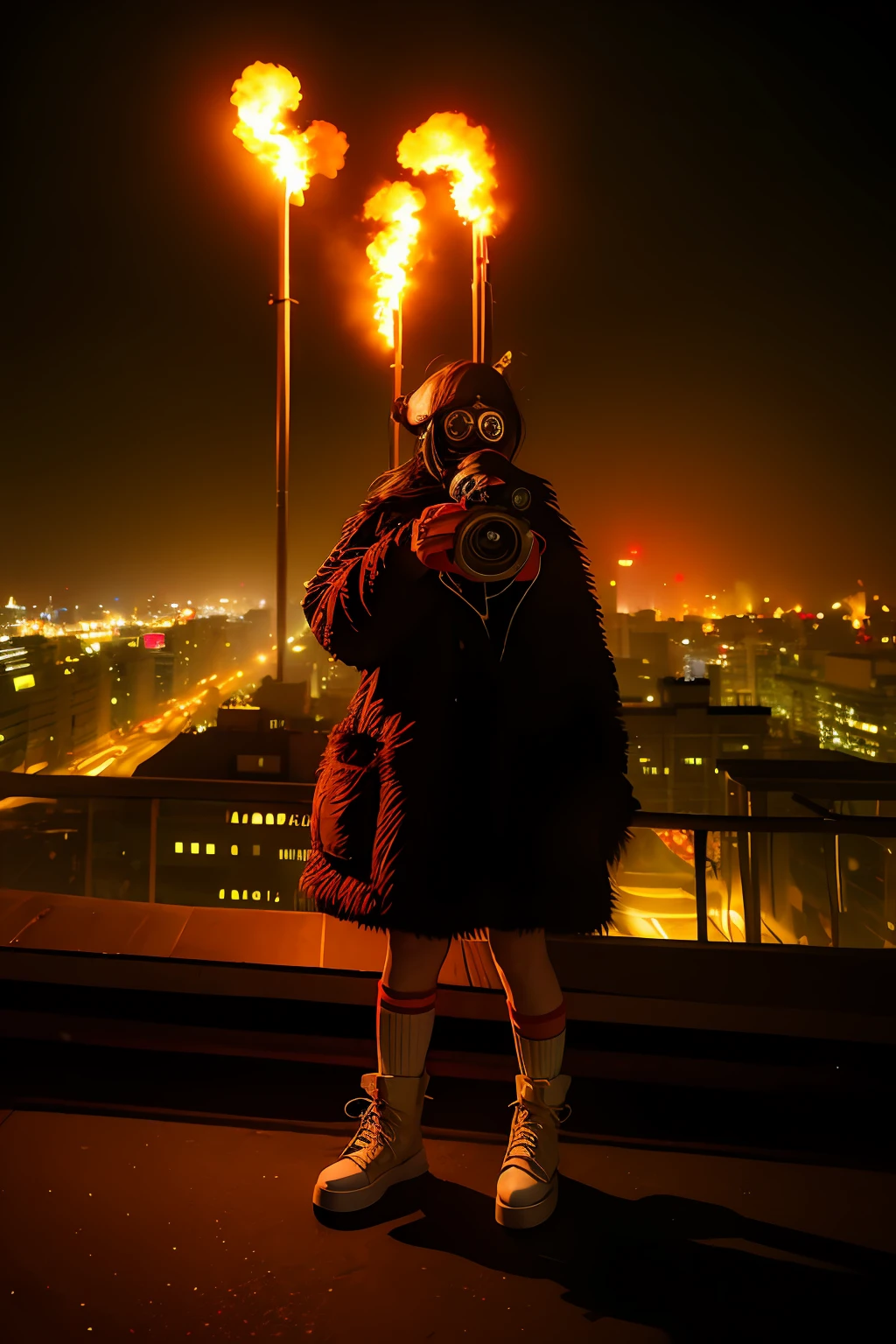 Large gas mask、fur-coat、dictator、Big dragon tattoo、Tattoos all over the body、Glowing headgear、On the rooftop、Huge background is a neon sign、Leather gloves、long boots、Holding a Japan sword、Baseball armor、insurrection、Nuclear power plant in the background、Terrorist groups、Fluorescence Headgear、short-haired、bleu hair、Ignite fire from a flamethrower、middle school girl、14years、gas masks、high socks、Rooftop at night、City on fire in the background