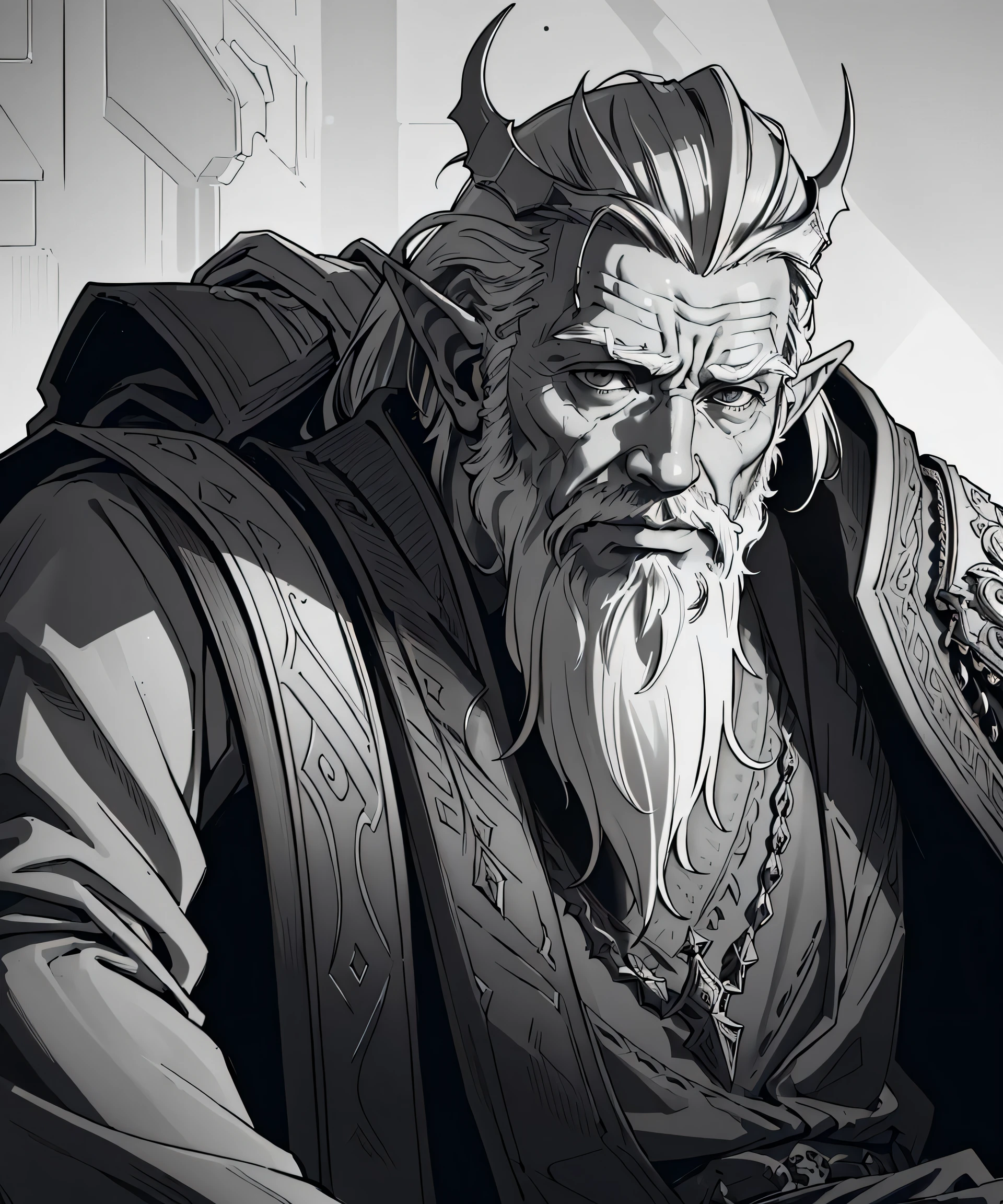 (original-art:1.2),(lineart:1.31),portrait male (old:1.6) elf king with messy beard,wrinkles, ancient,(unusual angle:1.4),depth, laying on throne,(weak),dramatic-shot,(hyperdefined),sad,from-below,grayscale,(thin-lines),punk-gothic aesthetic,rim-complex-lighting,ultradetailed,(fine-details:1.3),RAW-format