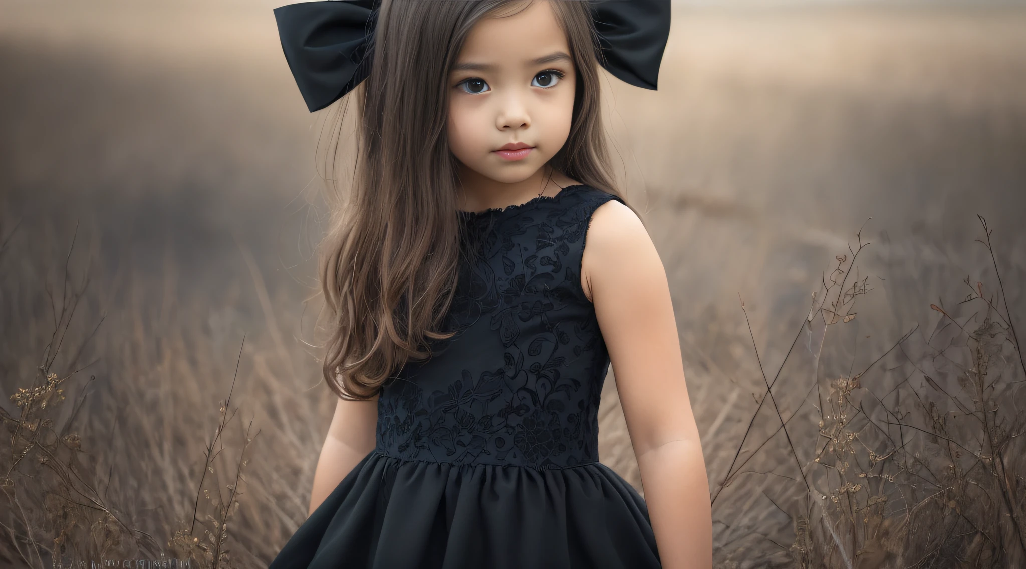 CHILD girl with a black bow and a black dress, menina com cabelo castanho escuro, menina com cabelo castanho, fitas de cabelo preto, uma bela adolescente-idade, wearing hair bow, menina jovem, cabelo castanho e olhos grandes, foto de meio comprimento, TURTLE .