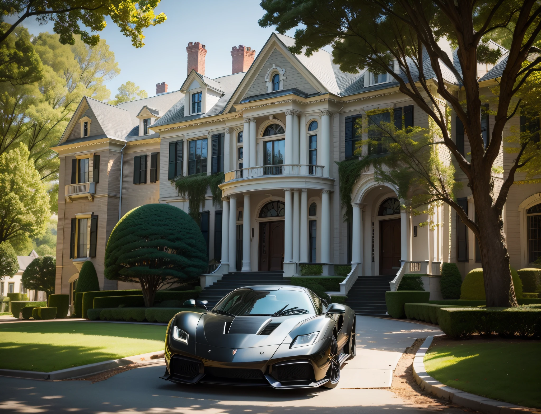 American mansion façade with super car in front, Front view, paisagem, trees behind, highes definition, foto premiada, hdr