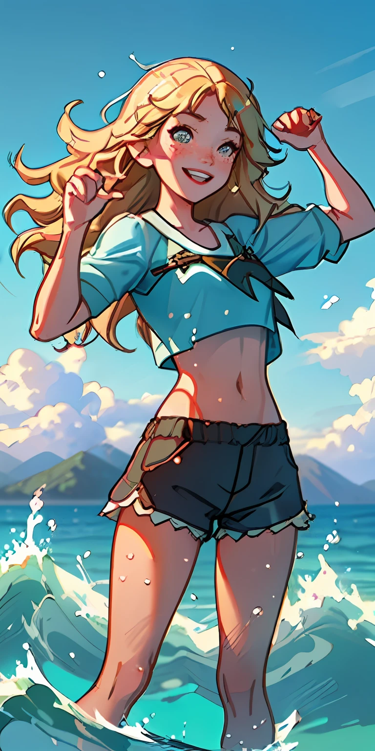 (best quality, masterpiece), 1girl, paw pose, smile, laughing, ocean, crop top, shorts, blonde, freckles, blush, looking at viewer, wavy hair, cloud, splashing, waves, sun, mountain, wet