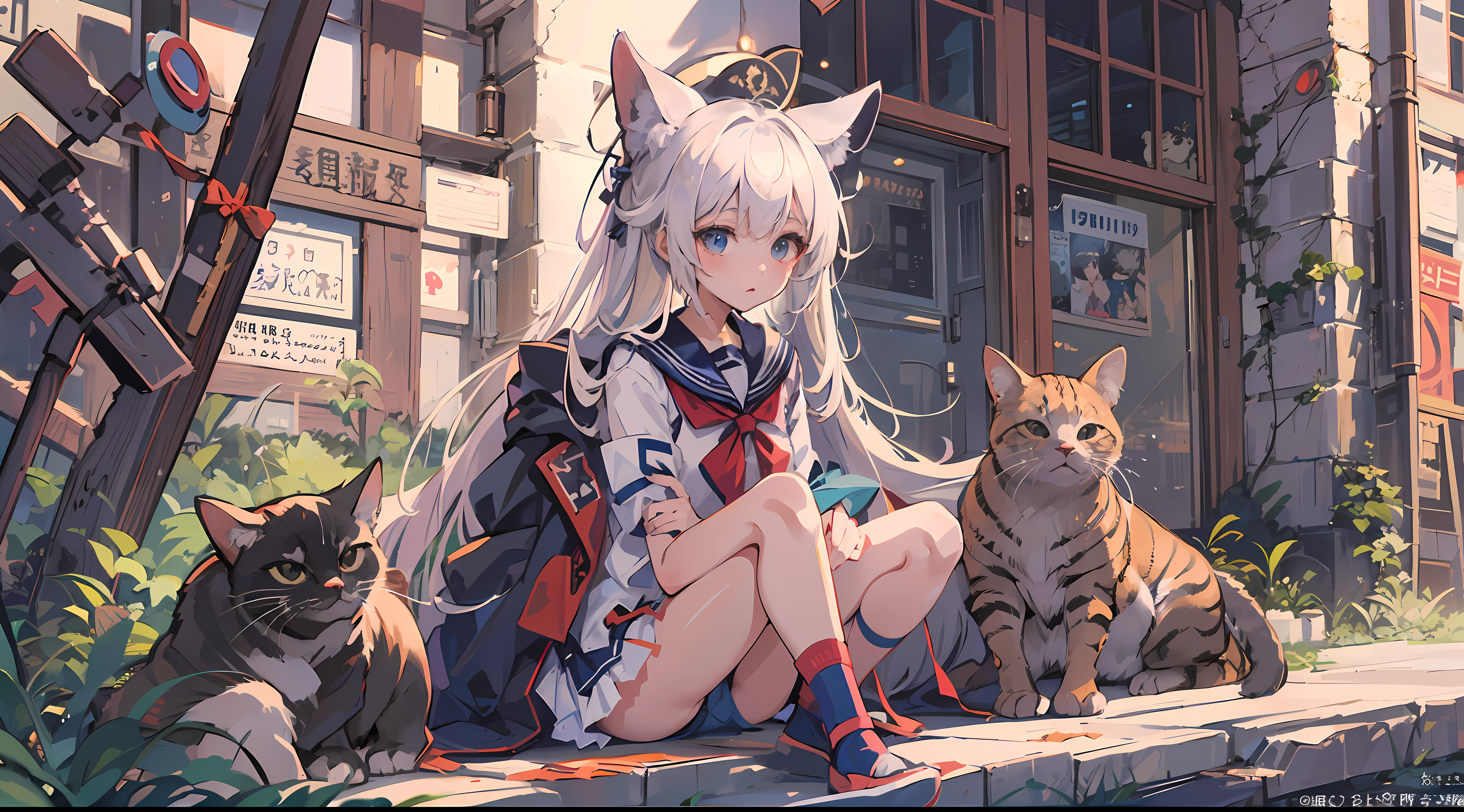 Anime girl sitting in front of a building, anime style 4 k, A, Very Beautiful Anime Cat Girl ,Anime 4K, Anime art wallpaper 8k,Anime girl with cat ears,Buildings and cliffs eroded by vegetation,Background Main,arknights、made in abyss、Chinese style illustration、Fantasia、detailed digital art、Beautiful、detailed portrait of an anime girl、hi-school girl、military outfits、a sailor suit