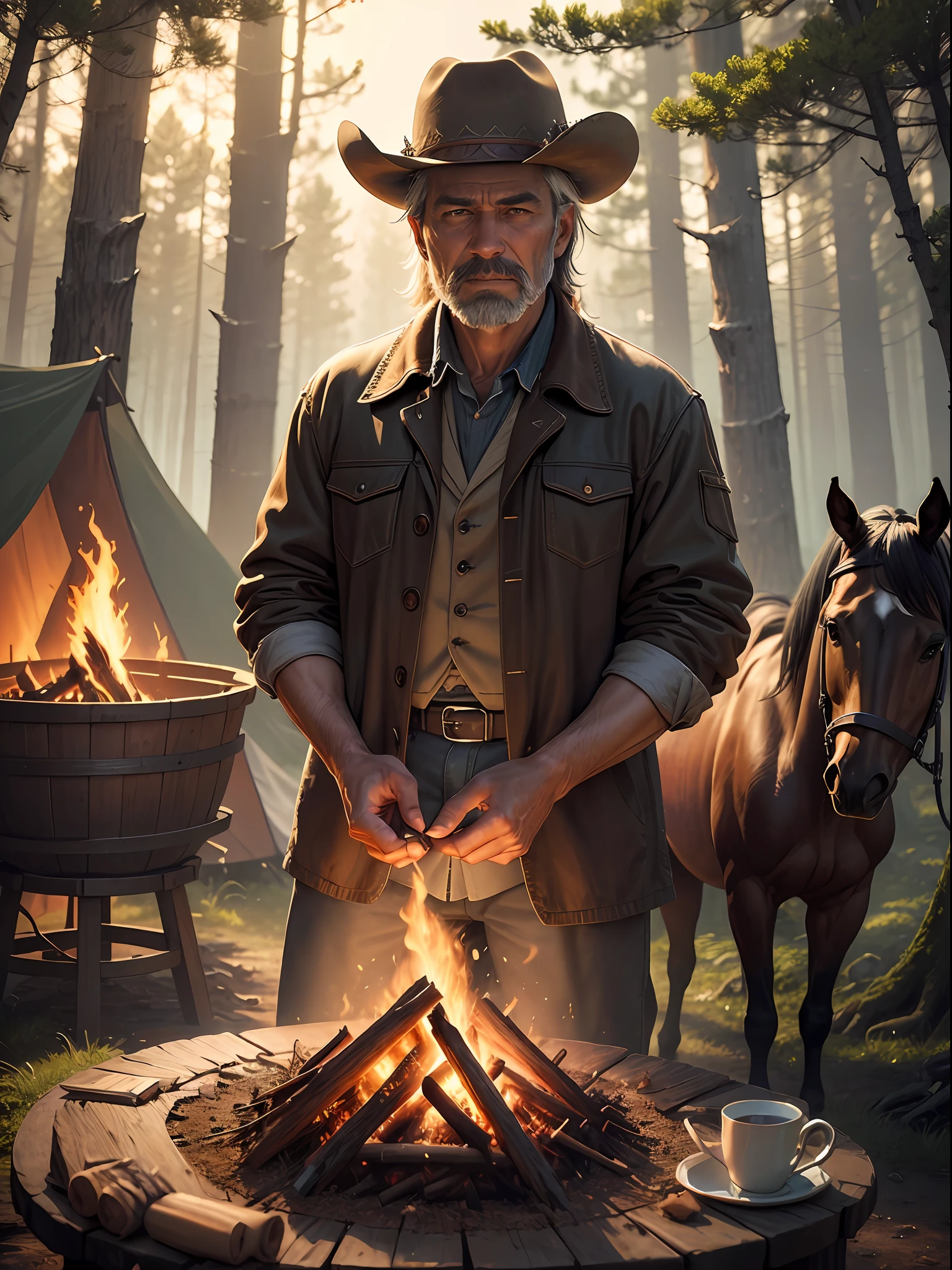 (masterpiece、top-quality、hight resolution)、detaileds、intricate-detail、4K、a picture、One middle-aged man、Lonely cowboy、Bonfire in the forest、camp、Horse behind、starrysky、 --auto