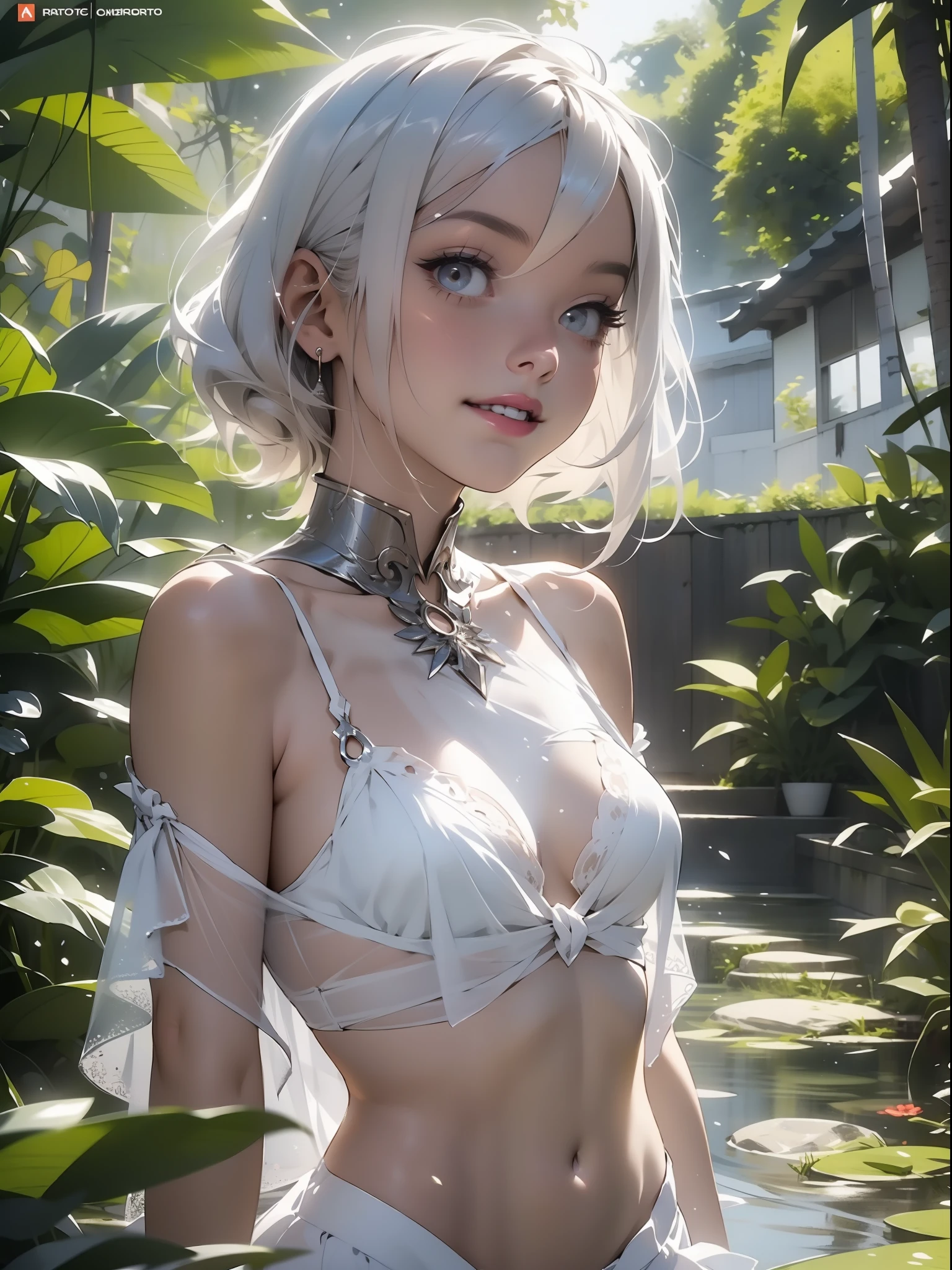 An illustration of a ghost girl in a sensual pose and with a micro skirt showing tiny floss, roupas totalmente brancas com capuz transparente, pele branca e cabelos brancos, quase nua, Tiny floss, seios grandes, decote generoso, bunda grande, tudo transparente, light behind her, ghosty aura, sorriso malicioso, rosto lindo e limpo, corpo perfeito, white particles around you, exterior de uma casa abandonada, Mist around