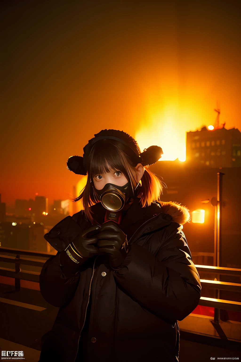 Large gas mask、fur-coat、dictator、Big dragon tattoo、Tattoos all over the body、Glowing headgear、On the rooftop、Huge background is a neon sign、Leather gloves、long boots、Holding a Japan sword、Baseball armor、insurrection、Nuclear power plant in the background、Terrorist groups、Fluorescence Headgear、short-haired、bleu hair、Ignite fire from a flamethrower、middle school girl、14years、gas masks、high socks、Rooftop at night、City on fire in the background