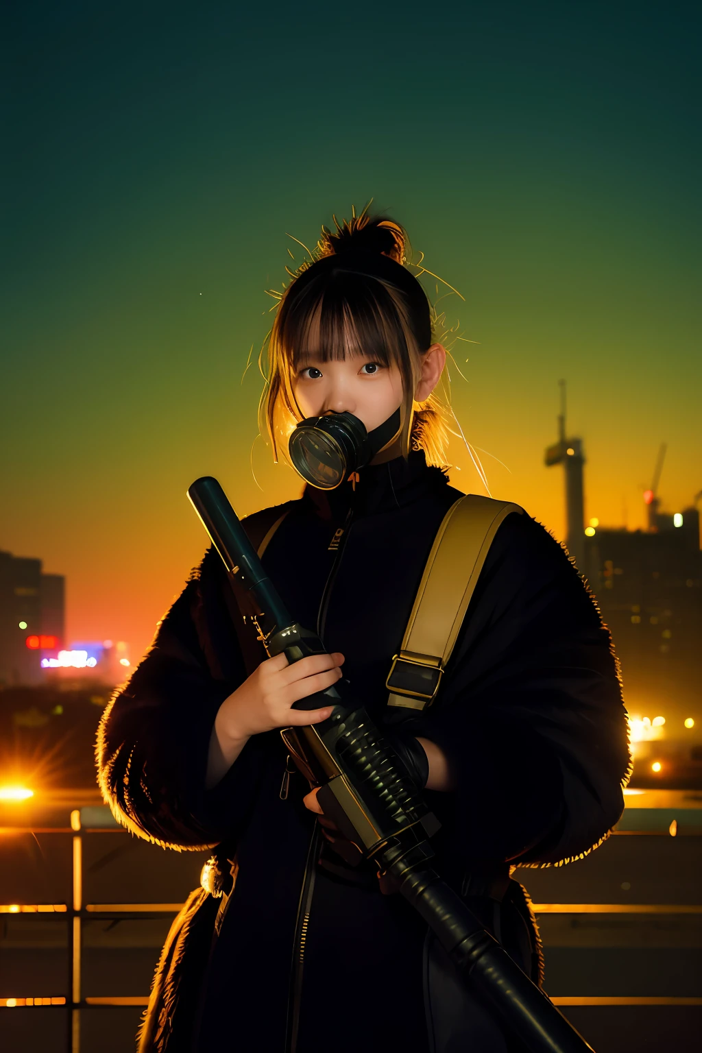 Large gas mask、fur-coat、dictator、Big dragon tattoo、Tattoos all over the body、Glowing headgear、On the rooftop、Huge background is a neon sign、Leather gloves、long boots、Holding a Japan sword、Baseball armor、insurrection、Nuclear power plant in the background、Terrorist groups、Fluorescence Headgear、short-haired、bleu hair、Ignite fire from a flamethrower、、14years、gas masks、 socks、Rooftop at night、City on fire in the background