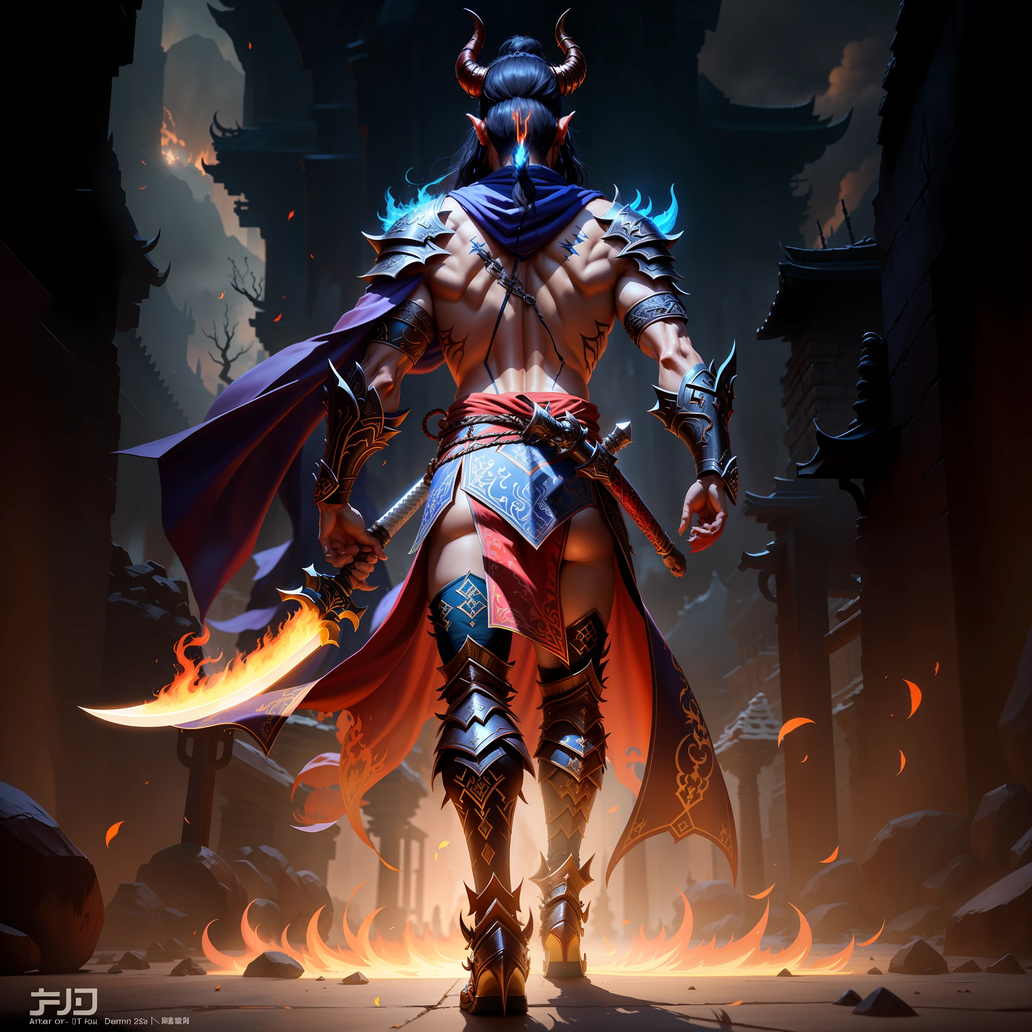 Seeing the Arafad male warrior from behind,Sword and fire in hand, fit male demon with white horns, Epic fantasy digital art style, by Yang J, Beautiful male Grim Reaper from behind, Epic fantasy art style HD, Demon warrior warrior from behind, djinn man male demon, chengwei pan on artstation, Look at the demon warrior from behind, demon hero, Inspired by Hu Zaobin,From behind,From behind