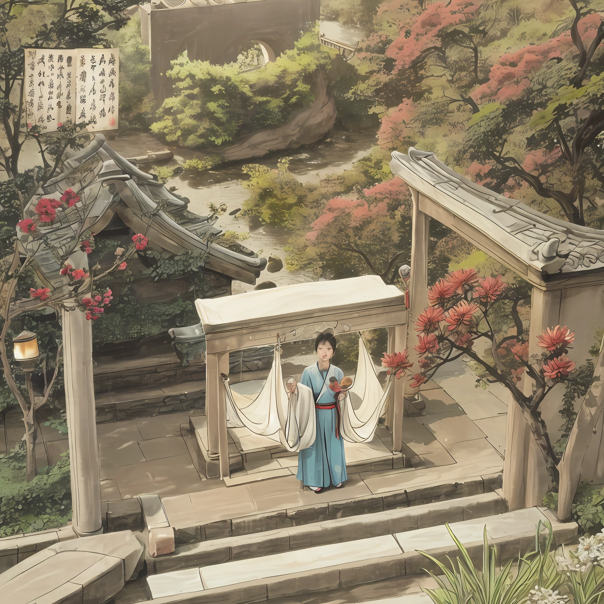 Ancient Chinese buildings, architectural groups, arch Bridges, pavilions, flowers, river lanterns