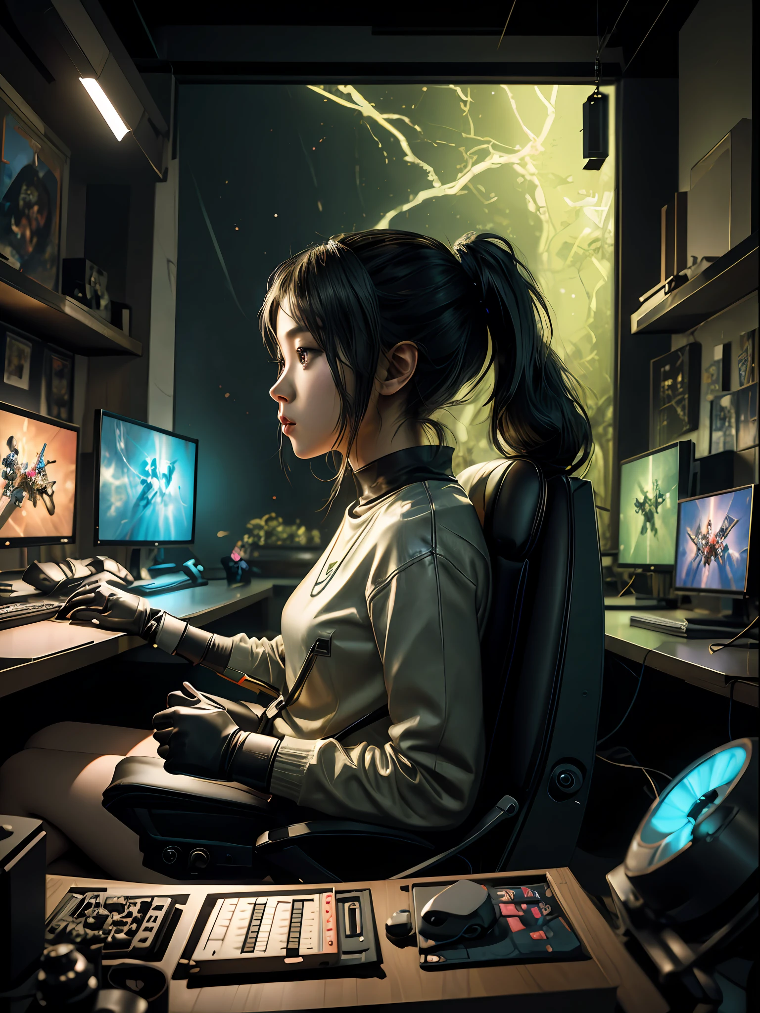 (Photorealistic, Masterpiece:1.3), A young Asian girl, deeply engrossed in her gaming session, sitting at her gaming setup in a modern and fully decorated gamer-themed room. Her hair is neatly tied in a ponytail, and her focused expression highlights her passion for gaming.

(Professional DSLR, Prime Lens with Wide Aperture:1.2), The camera used for this shot captures the scene with exceptional clarity and a wide aperture, allowing for beautiful background bokeh, which isolates the girl from the surroundings and emphasizes her concentration on the game.

(Futuristic LED Illumination:1.2), The room is illuminated by colorful LEDs, casting vibrant hues all around, giving it a futuristic feel. The striking lights create an exciting ambiance that complements the gaming experience.

(State-of-the-Art Gaming Setup:1.2), The gaming room features top-of-the-line gaming peripherals, including a high-end gaming PC with mesmerizing RGB lighting, casting a soft glow on the girl's face. A sleek gaming mouse and a top-of-the-line mechanical keyboard enhance her gaming precision.

(High-Refresh-Rate Monitor:1.1), The large high-refresh-rate monitor displays the game with unparalleled smoothness and clarity, providing an immersive gaming experience.

(Gaming Posters and Artwork:1.1), The walls are adorned with gaming posters and artwork, showcasing her favorite games and characters. These decorations reflect her passion and immerse her in a world of gaming inspiration.

(Atmosphere and Depth:1.1), The decor and lighting of the room add depth and atmosphere to the scene. The combination of LED lights and gaming-themed decorations create an environment perfectly suited for gaming enthusiasts.

(Emphasis on Profile and Intensity:1.3), The composition of the shot focuses on the girl's profile as she plays, capturing the intensity of the gaming moment. Her concentration is evident, making the viewer feel the excitement she experiences in her virtual world.