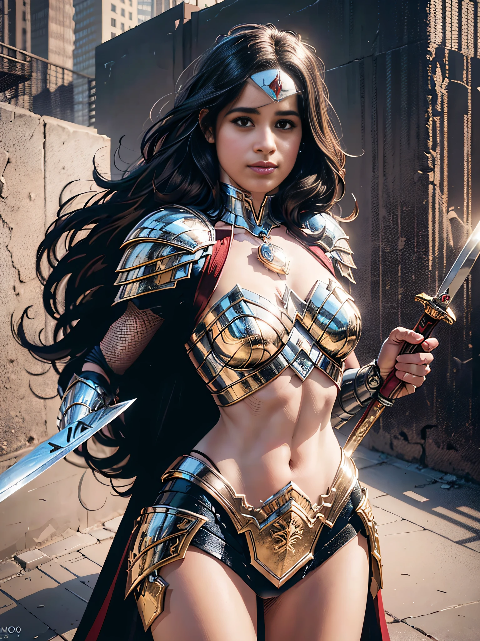 1 Mulher solo corpo inteiro, Camila Cabello. segurando uma espada, guerreira, cabelo comprido, com armadura super detalhada, realista,, alto contraste, mulher morena, profundidade de campo, Bokeh (obra-prima, melhor qualidade, fotorrealista: 1.3), sharper, (corpo perfeito: 1.1), realista, sombra real, ( Alyssa Monks), fotografada por Canon EOS R6, 135mm, 1/1250s, f/2.8, ISO 400