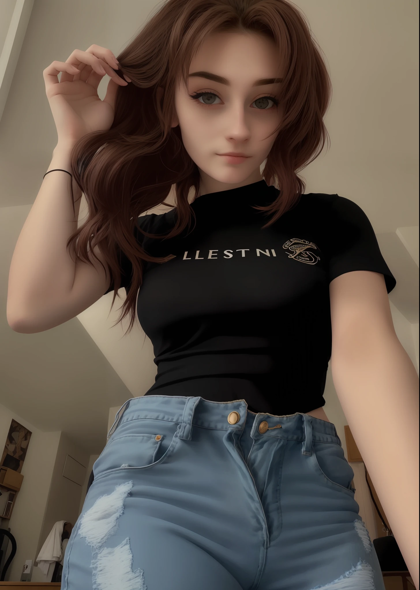 SA22 mulher vestindo uma camisa florida e jeans azul, (25 anos), olhos castanhos, cabelo castanho claro, bochechas rosadas, hiper realista, 4k, obra-prima, bonito, de frente para o espectador, headshot, ((pele branca)), decote, selfie espelho, maximum details