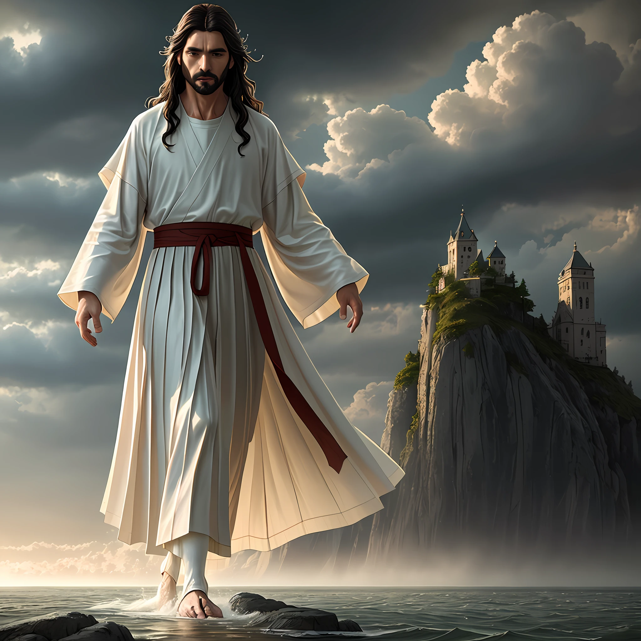 jesus walking on water in a storm, masterpiece, best quality, high quality, extremely detailed CG unit 8k wallpaper, award winning photography, Bokeh, Depth of Field, HDR, bloom, Chromatic aberration, photorealistic, extremely detailed, trending on artstation, trending on CGsociety, intricate, high detail, dramatic, mid-journey art, volumetric lighting