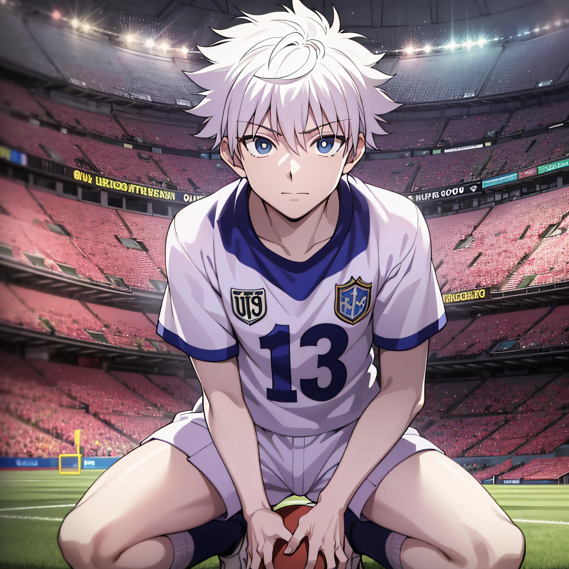 ((masterpiece)),(((best quality))), (high-quality, breathtaking),(expressive eyes, perfect face),1boy, solo, male focus, looking at viewer, full body, killua_zoldyck, wear football white shorts, white socks,ball, background stadium