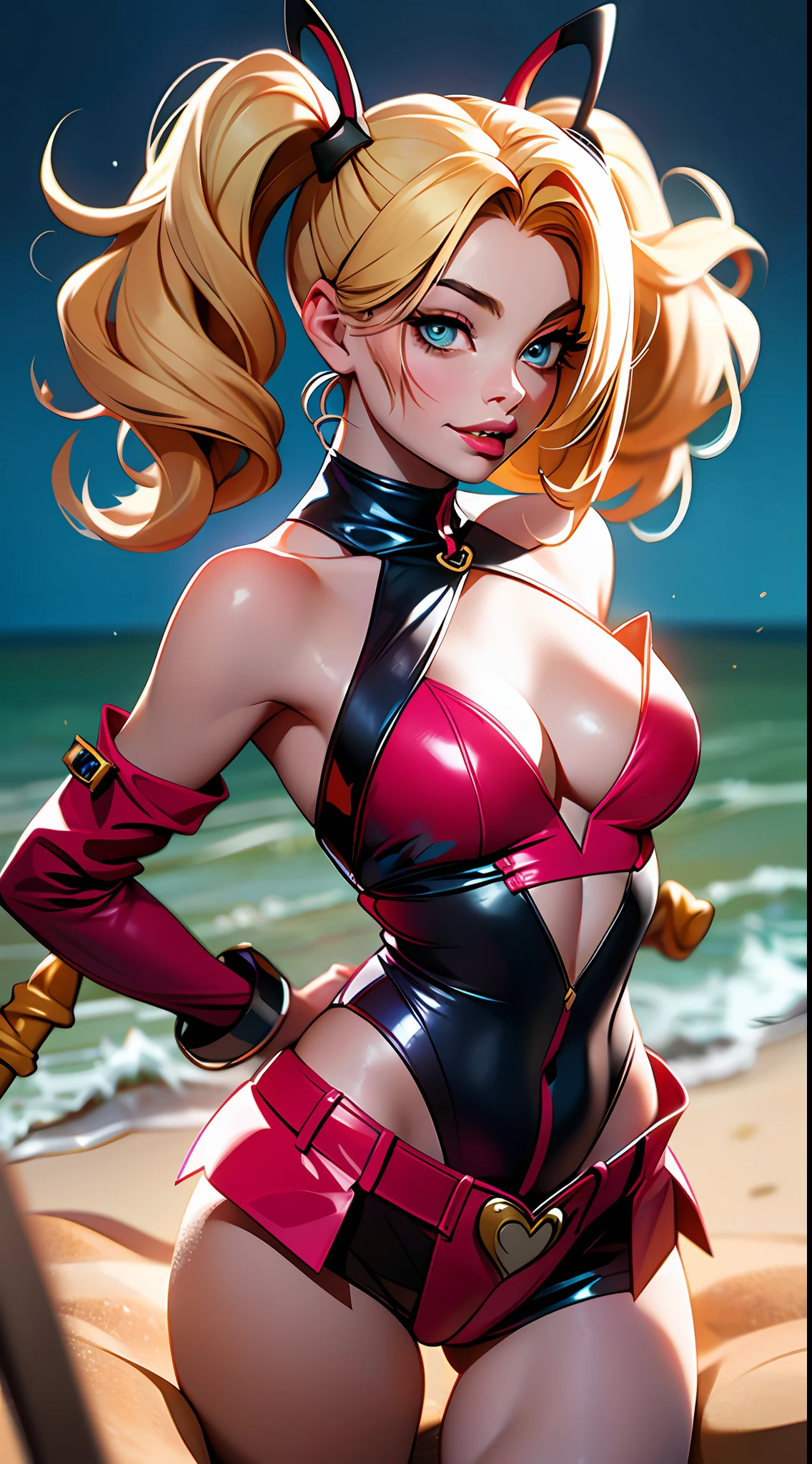 margot robbie as a gorgeous Harley Quinn standing on sand wind in the hair