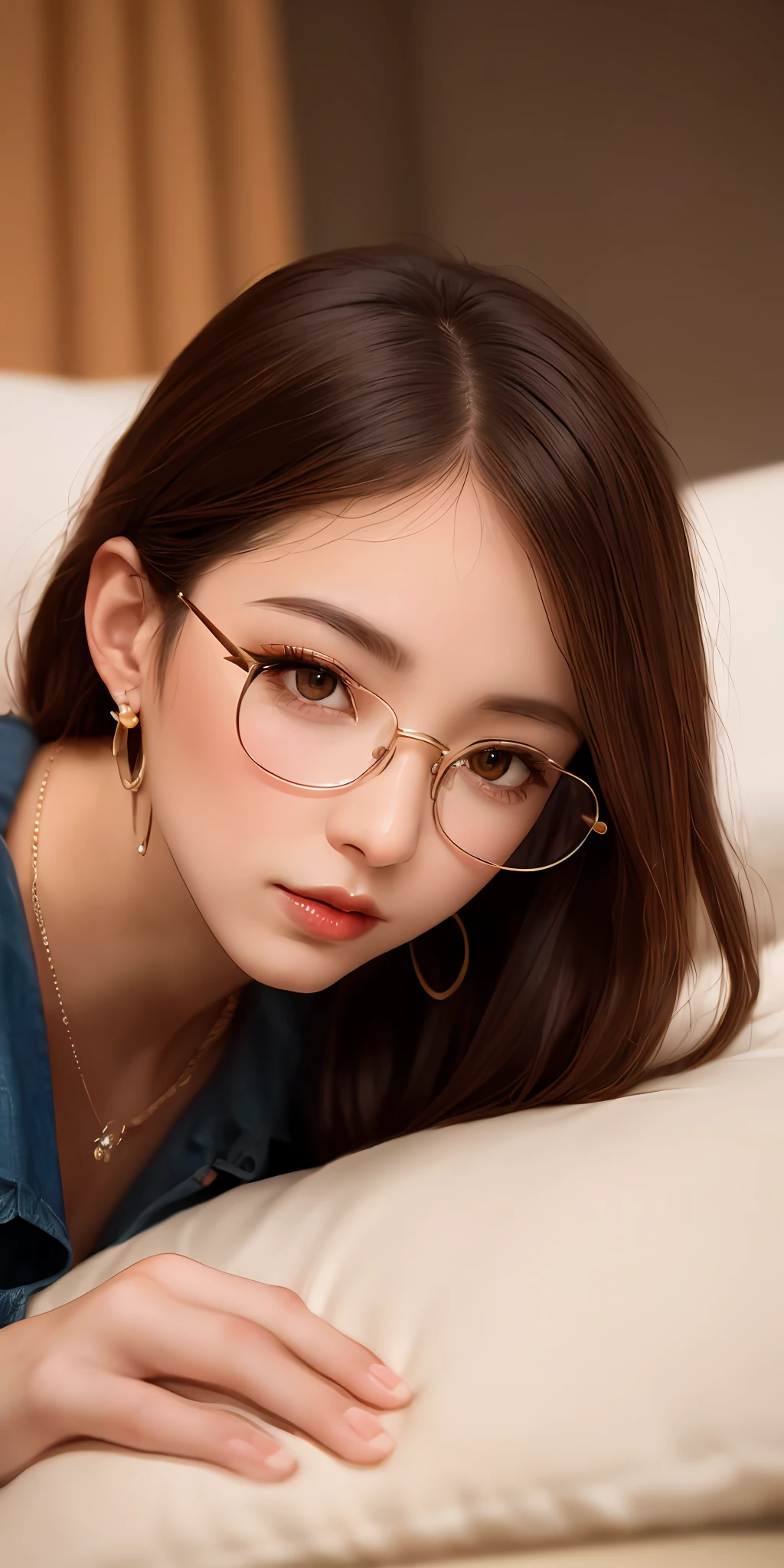 lying on bed, aroused, necklace, earrings, glasses, full body, long blonde hair, brown dress, superb, ultra-high-definition, RAW photo, realism: 1.25), (bright lip gloss, long eyelashes, smooth face, bright skin, natural shadows, wide light, wide light, depth of field, strong colors, subtle caustics: 0.8), (big tits), v6