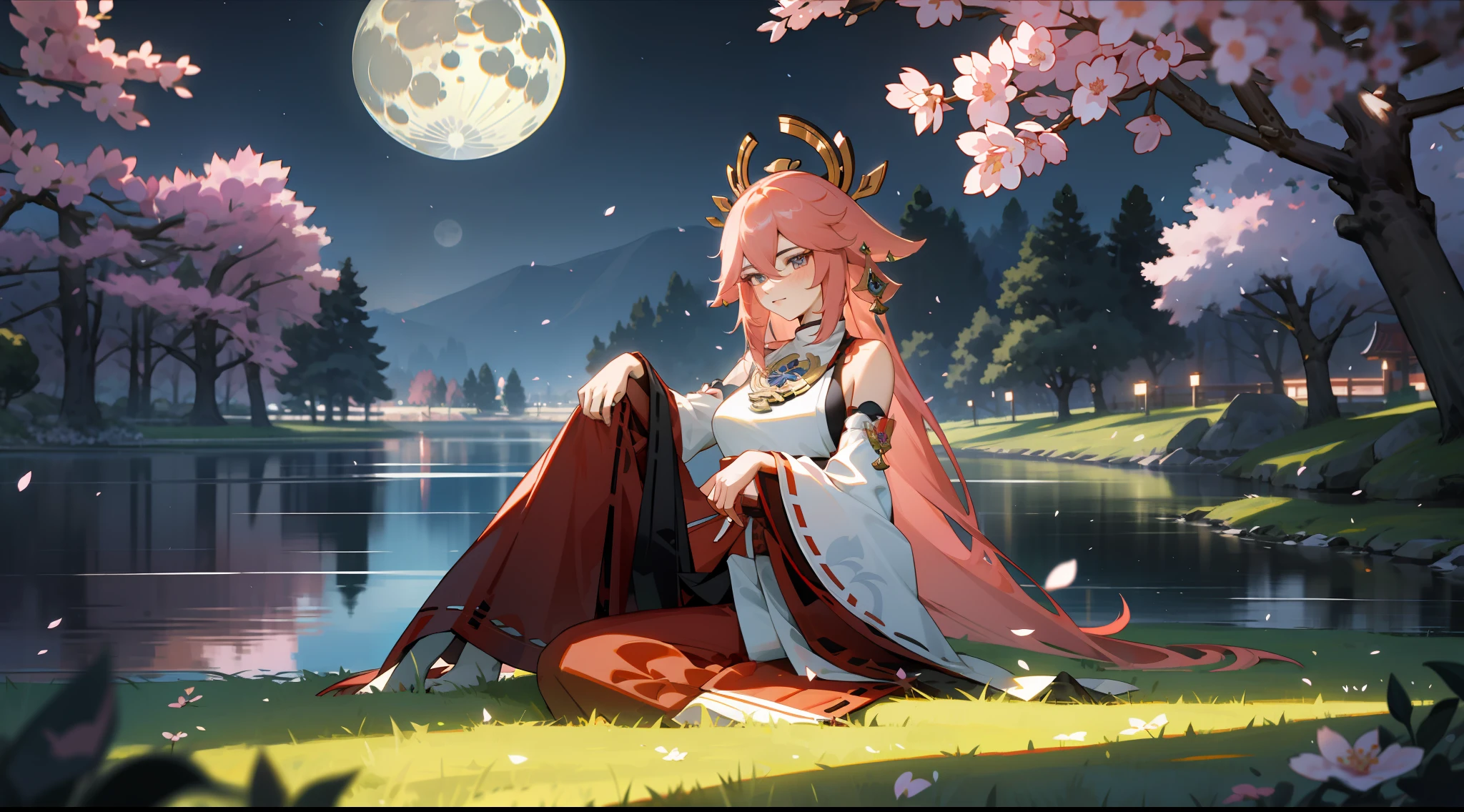 official, Yae Miko, sit on grass, under the big tree, looking at the moon, full body, landscape, forest of cherry blossom trees, lakeside, at night, full moon, Masterpiece 1.3, 8k resolution, ultra-realistic, very detailed, Intricate Detail, Perfect Detail Face, Detailed Eyes, Very Detailed, Blush, Detailed Background, Realistic Photo, Sharp Focus: 1.2, Perfect + Slender Style, (Genshin Impact)