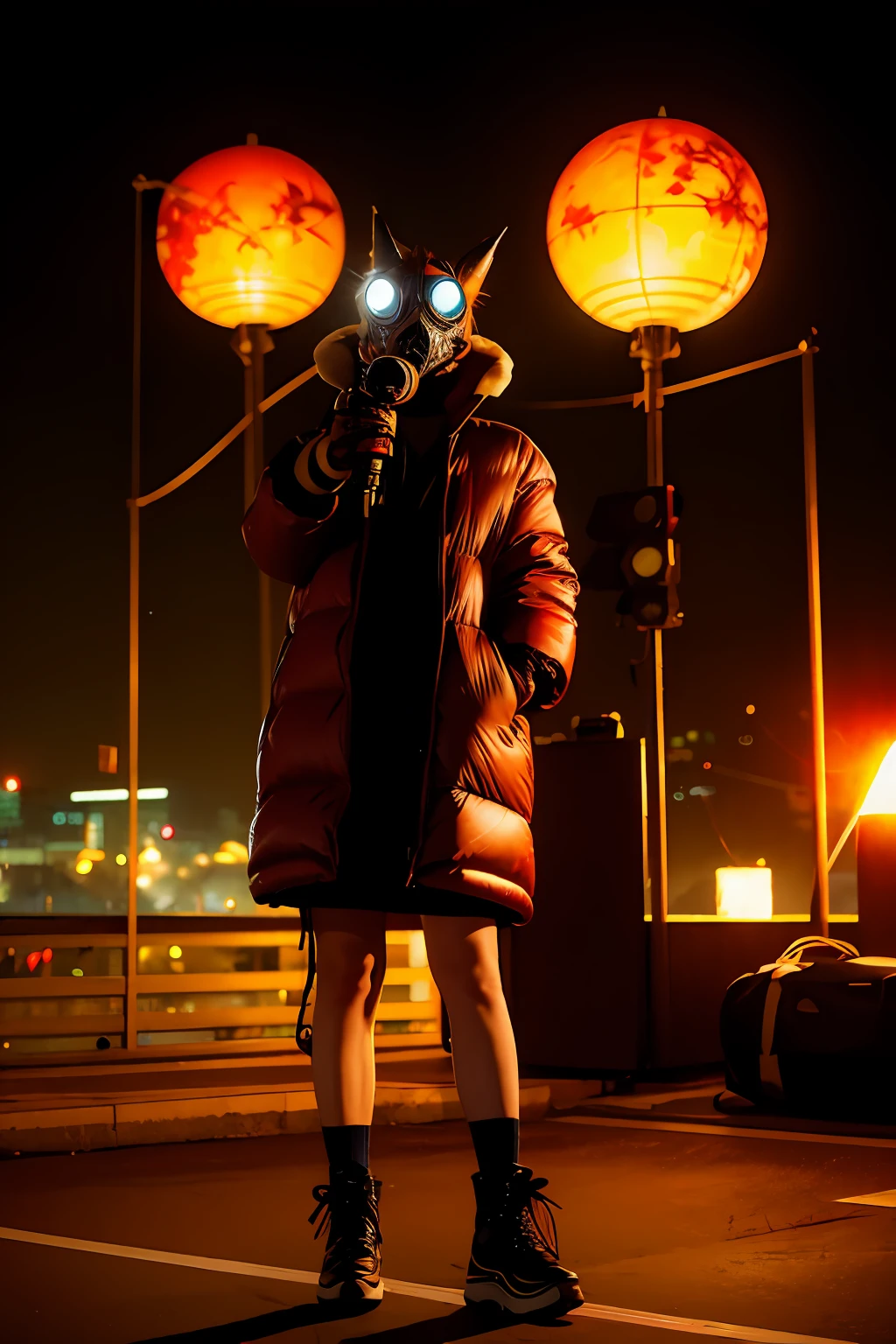 Large gas mask、fur-coat、dictator、Big dragon tattoo、Tattoos all over the body、Glowing headgear、On the rooftop、Huge background is a neon sign、Leather gloves、long boots、Holding a Japan sword、Baseball armor、insurrection、Nuclear power plant in the background、Terrorist groups、Fluorescence Headgear、short-haired、bleu hair、Ignite fire from a flamethrower、middle school girl、14years、gas masks、high socks、Rooftop at night、City on fire in the background