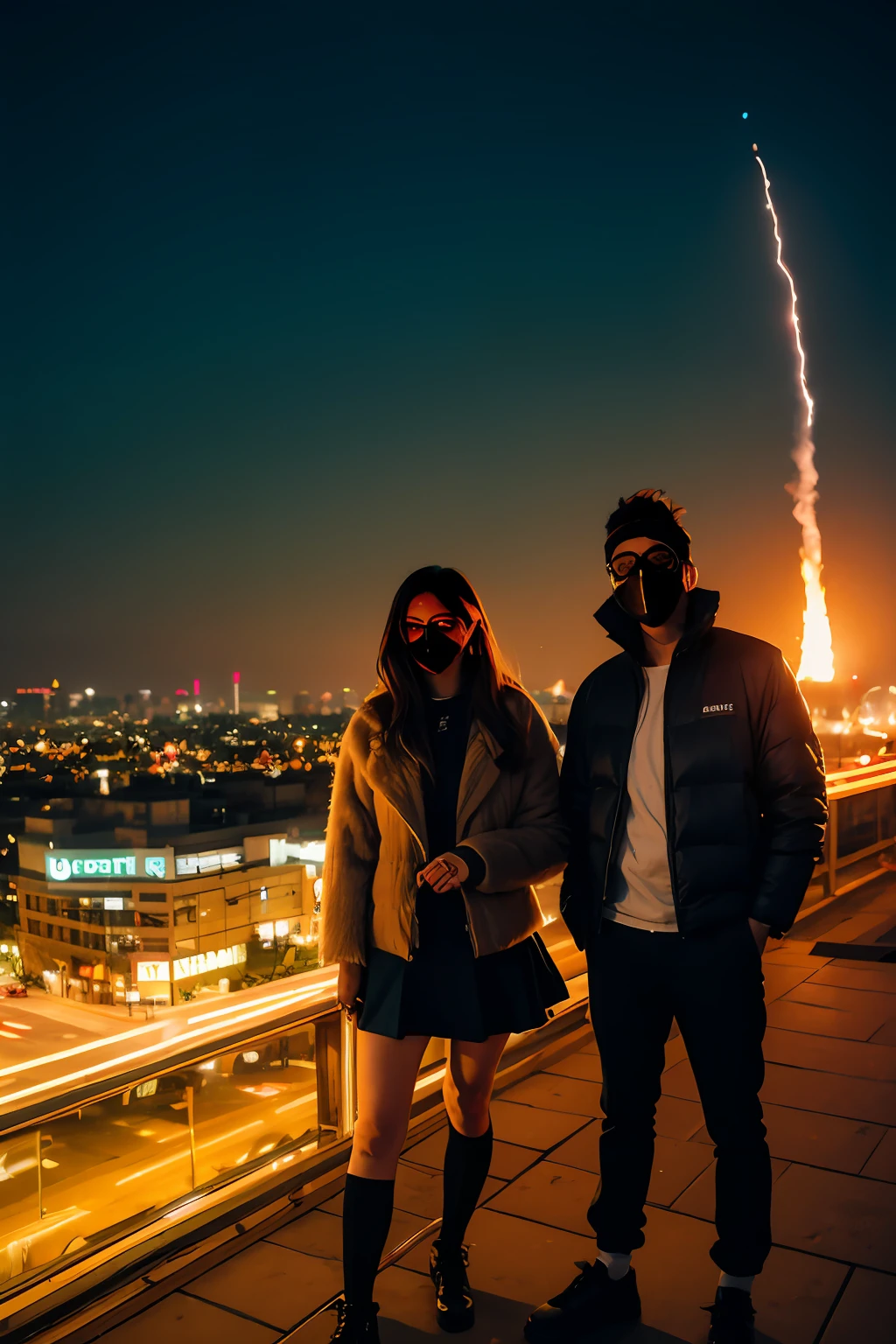 Large gas mask、fur-coat、gals、dictator、Big dragon tattoo、Tattoos all over the body、Glowing headgear、On the rooftop、Huge background is a neon sign、Leather gloves、long boots、Holding a Japan sword、Baseball armor、insurrection、Nuclear power plant in the background、Terrorist groups、Fluorescence Headgear、short-haired、bleu hair、Ignite fire from a flamethrower、middle school girl、14years、gas masks、high socks、Rooftop at night、City on fire in the background