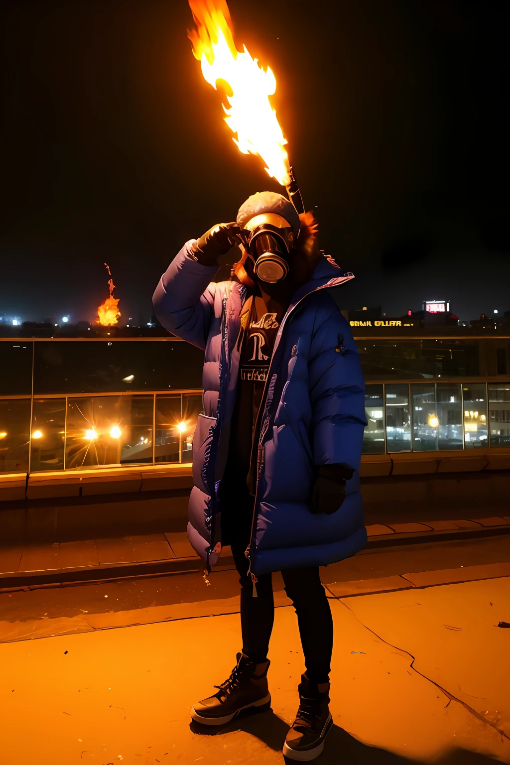 Large gas mask、fur-coat、gals、dictator、Big dragon tattoo、Tattoos all over the body、Glowing headgear、On the rooftop、Huge background is a neon sign、Leather gloves、long boots、Holding a Japan sword、Baseball armor、insurrection、Nuclear power plant in the background、Terrorist groups、Fluorescence Headgear、short-haired、bleu hair、Ignite fire from a flamethrower、middle school girl、14years、gas masks、high socks、Rooftop at night、City on fire in the background